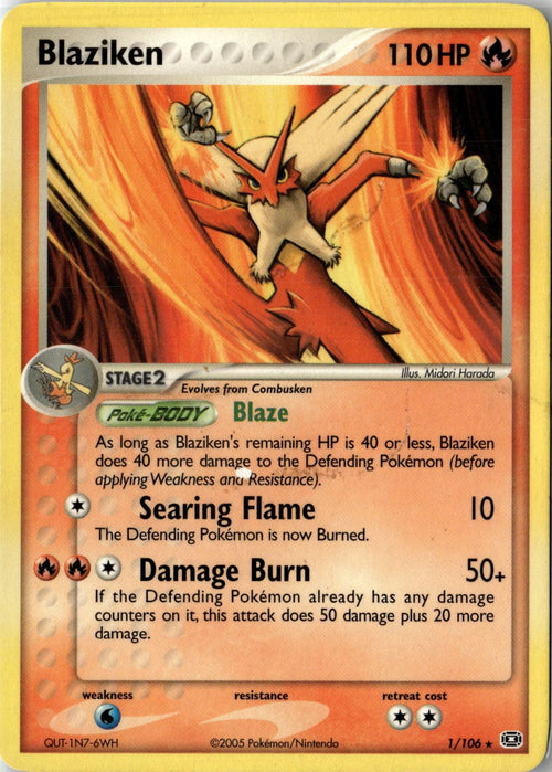 2005 POKEMON BLAZIKEN 1/106 HOLO RARE EMERALD HEAVILY PLAYED
