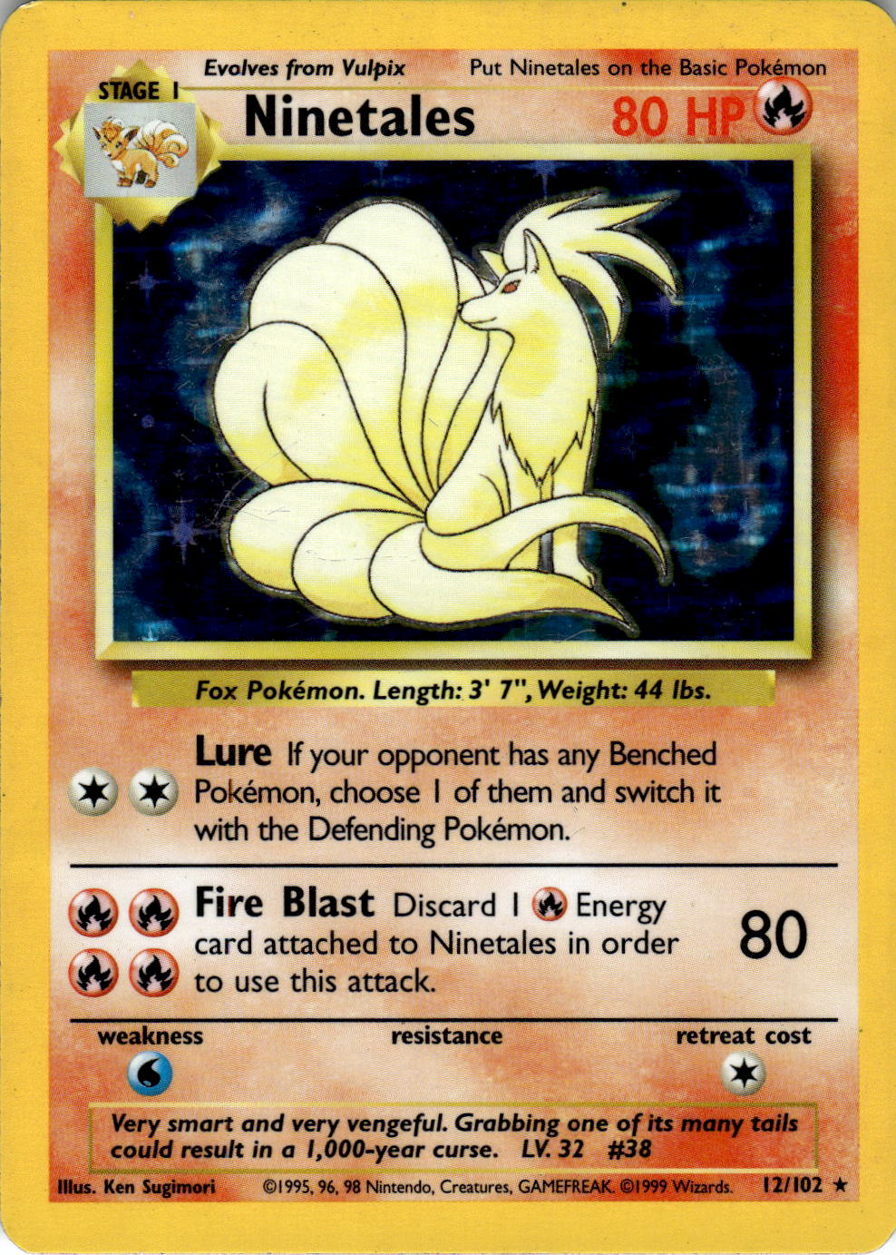 1999 POKEMON NINETALES 12/102 HOLO RARE BASE SET UNLIMITED LIGHTLY PLAYED