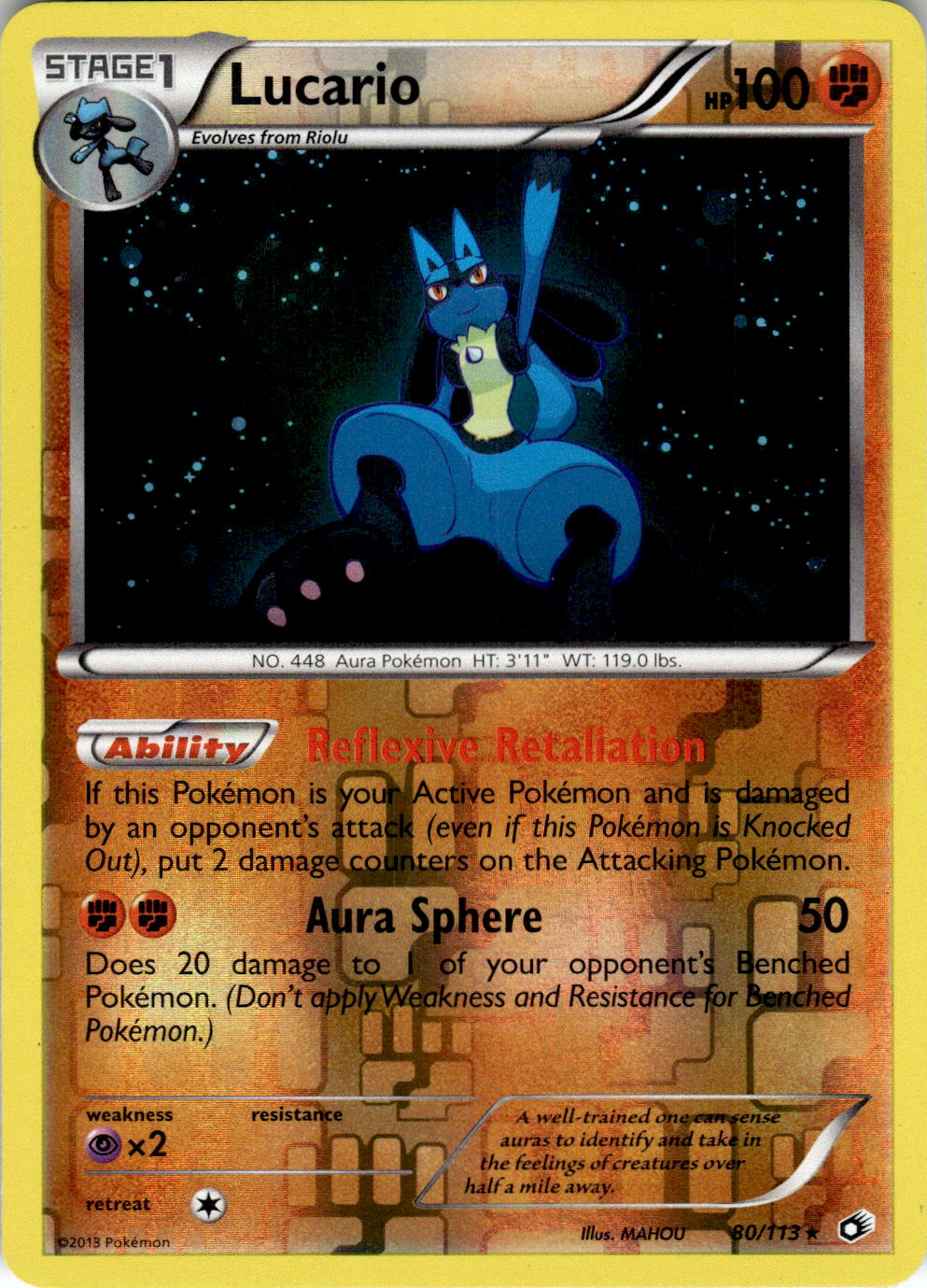 2013 POKEMON LUCARIO 80/113 HOLO RARE LEGENDARY TREASURES REVERSE HOLO NEAR MINT