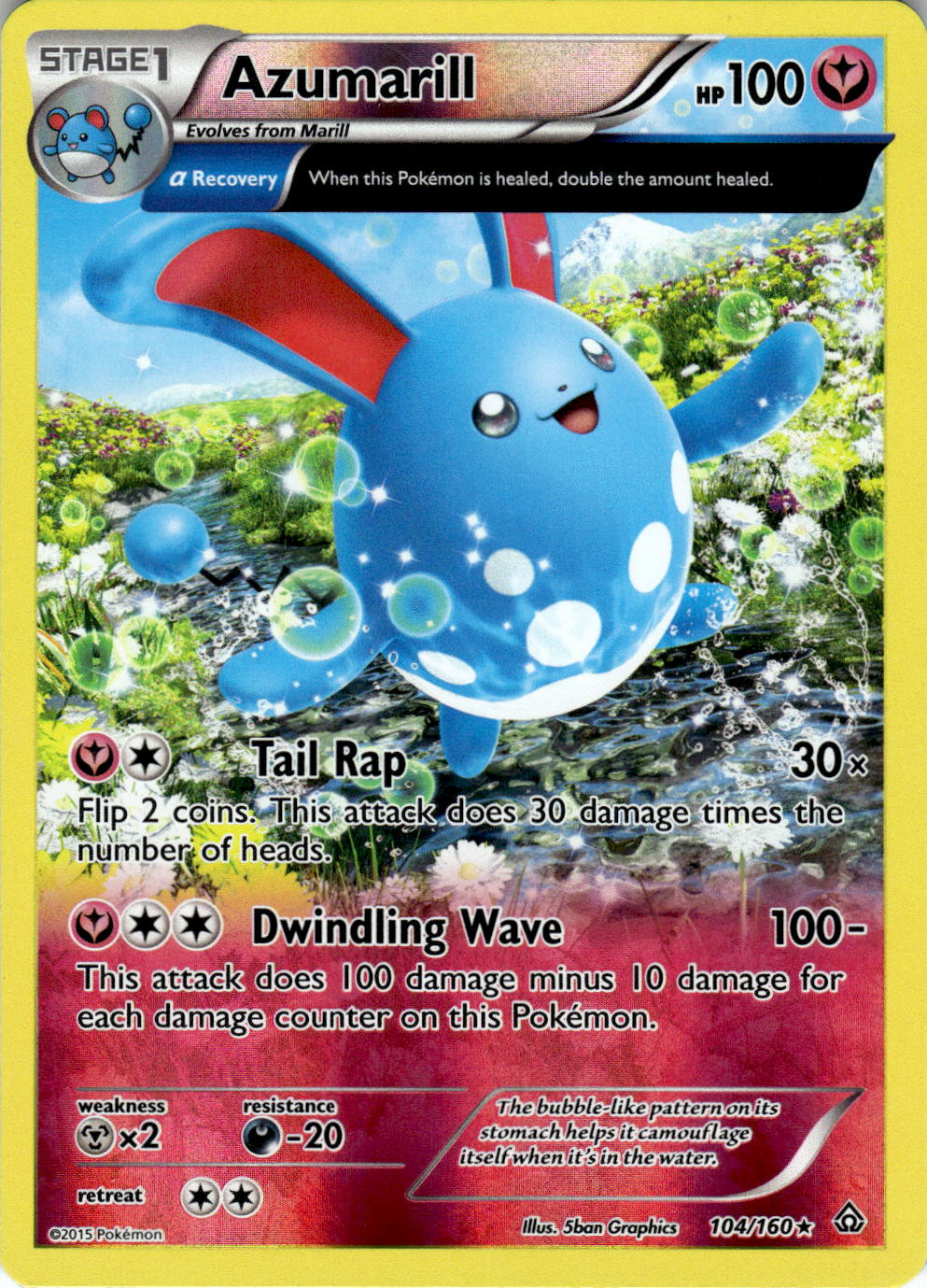 2015 POKEMON AZUMARILL 104/160 RARE PRIMAL CLASH REVERSE HOLO NEAR MINT