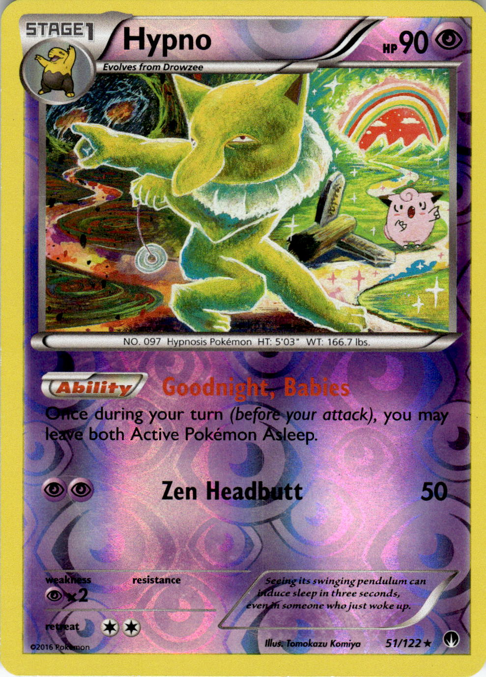 2016 POKEMON HYPNO 51/122 RARE BREAKPOINT REVERSE HOLO NEAR MINT