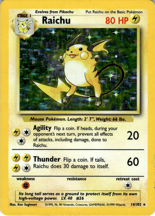 1999 POKEMON RAICHU 14/102 HOLO RARE BASE SET UNLIMITED LIGHTLY PLAYED/NM