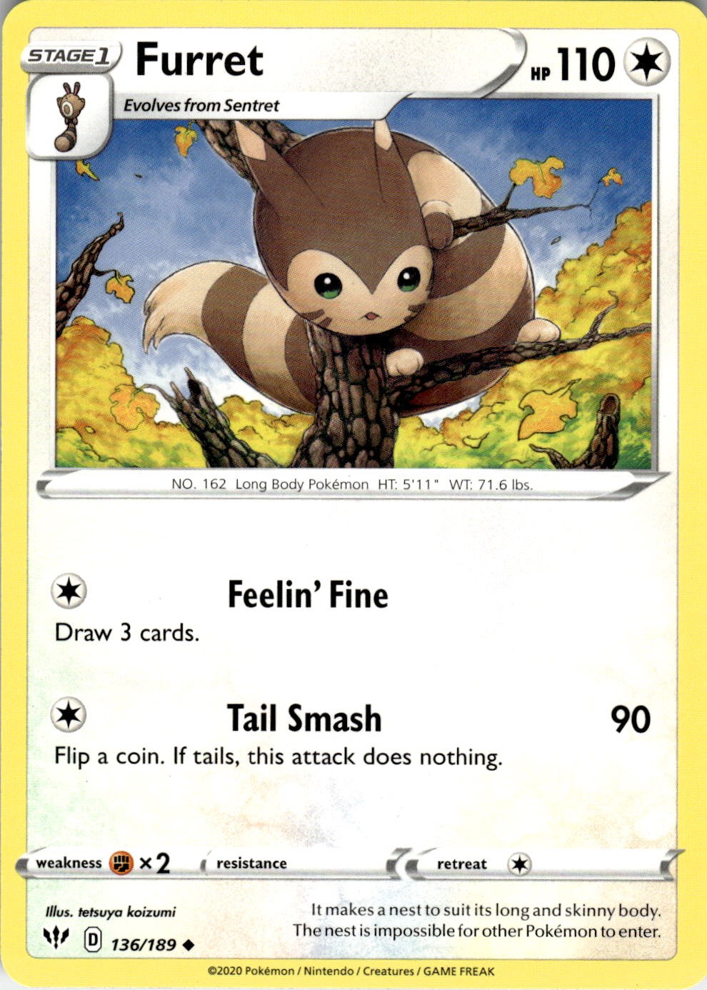 Furret 136/189 Uncommon Darkness Ablaze Pokemon Near Mint
