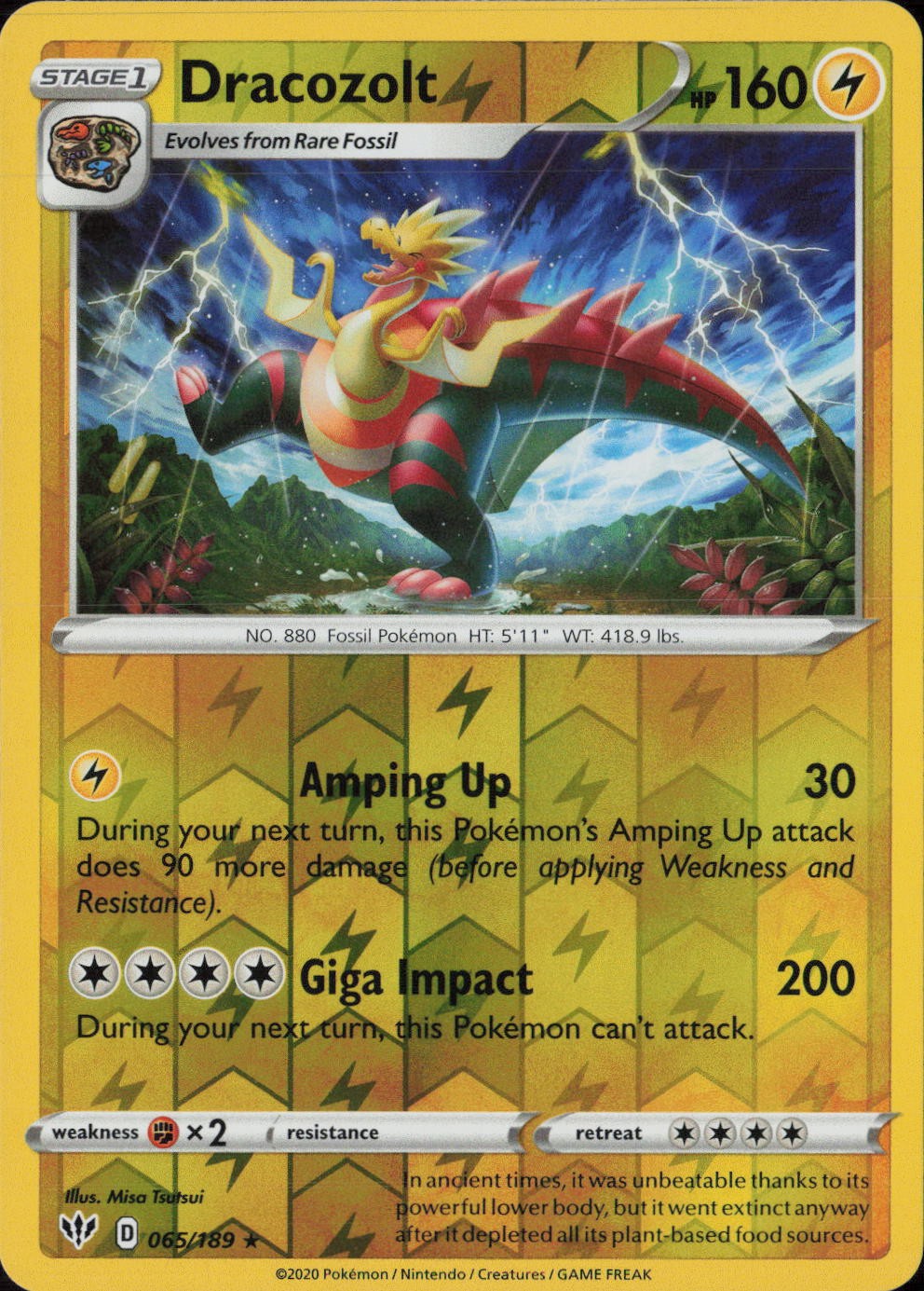 Dracozolt Reverse Holo Rare SWSH03: Darkness Ablaze 065/189 NM