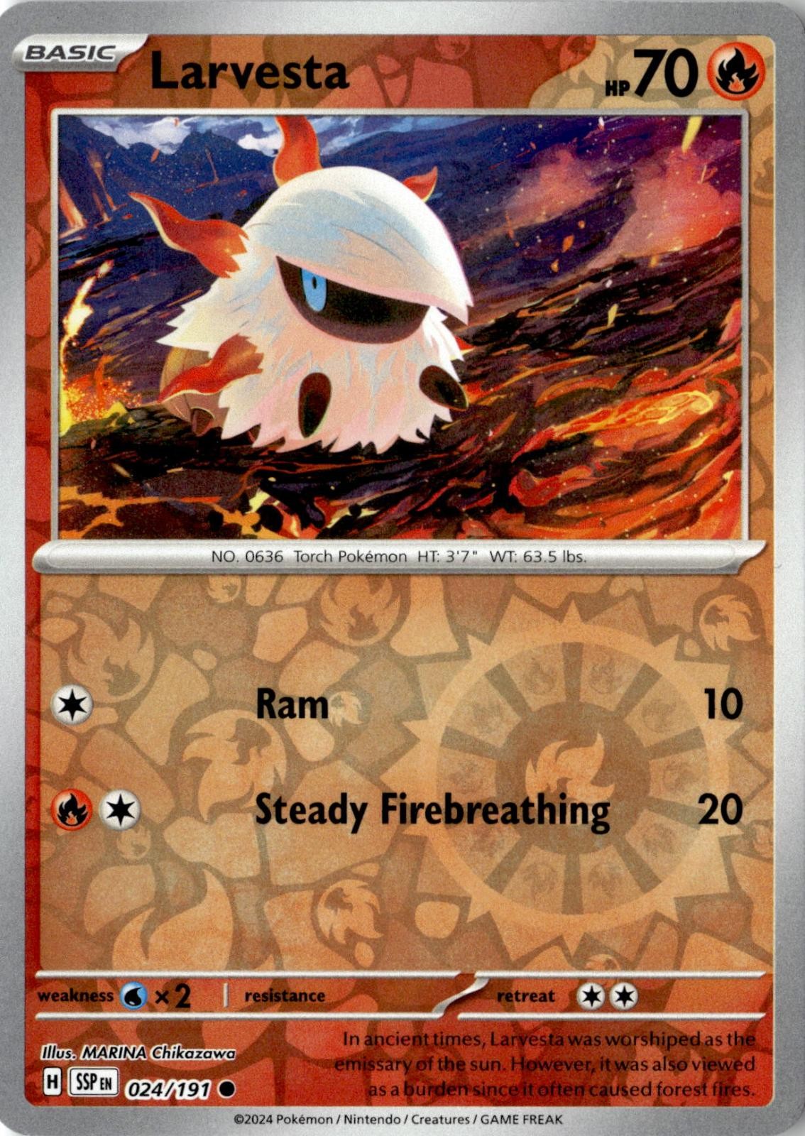 2024 POKEMON LARVESTA 024/191 COMMON SURGING SPARKS REVERSE HOLO NEAR MINT