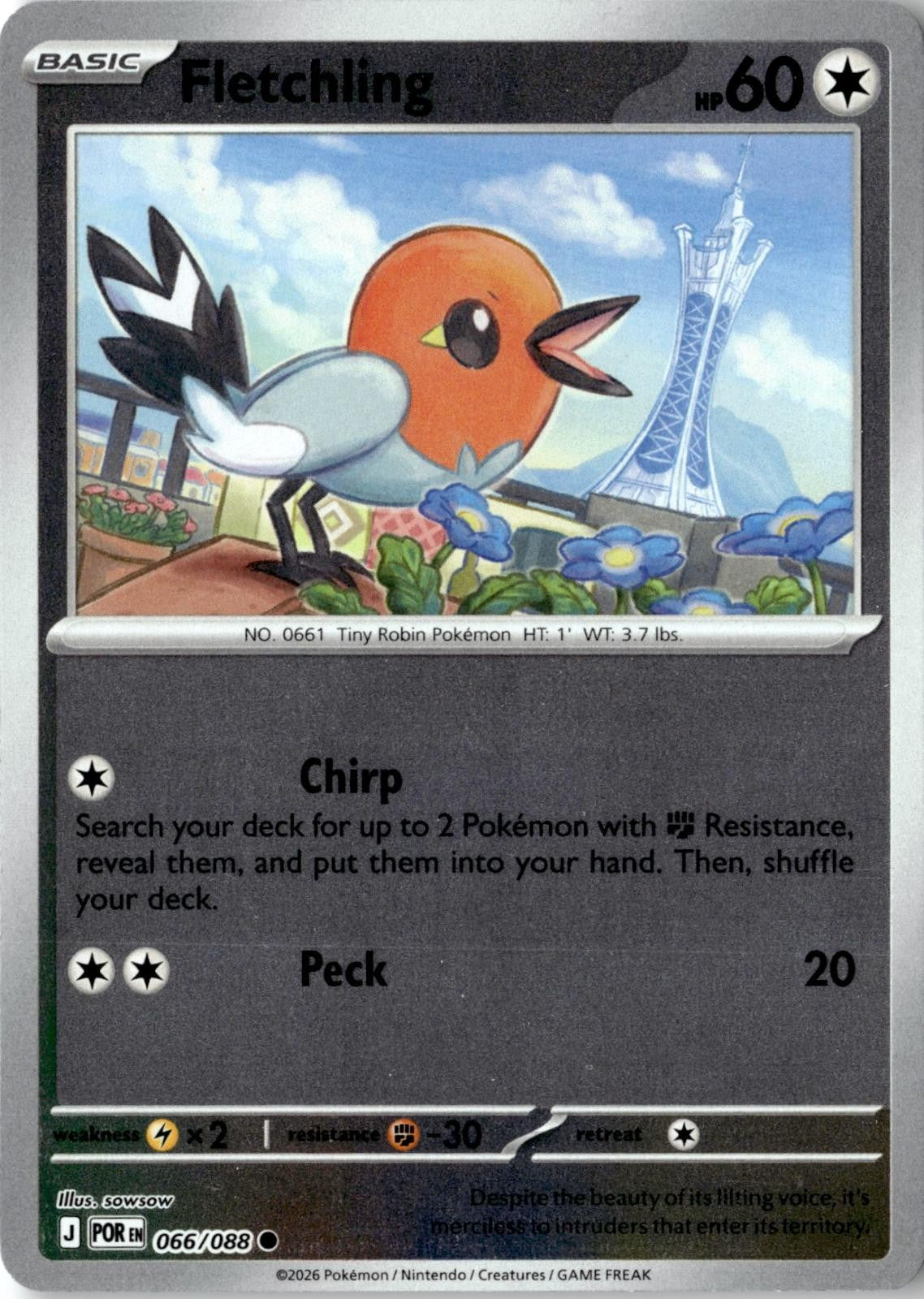 2026 POKEMON FLETCHLING 066/088 COMMON PERFECT ORDER REVERSE HOLO NEAR MINT