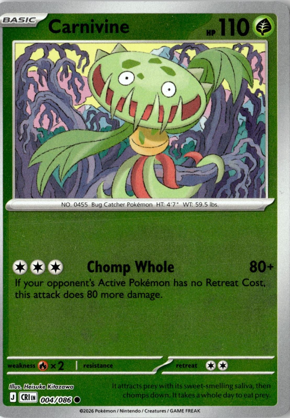 2026 POKEMON CARNIVINE 004/086 COMMON CHAOS RISING REVERSE HOLO NEAR MINT