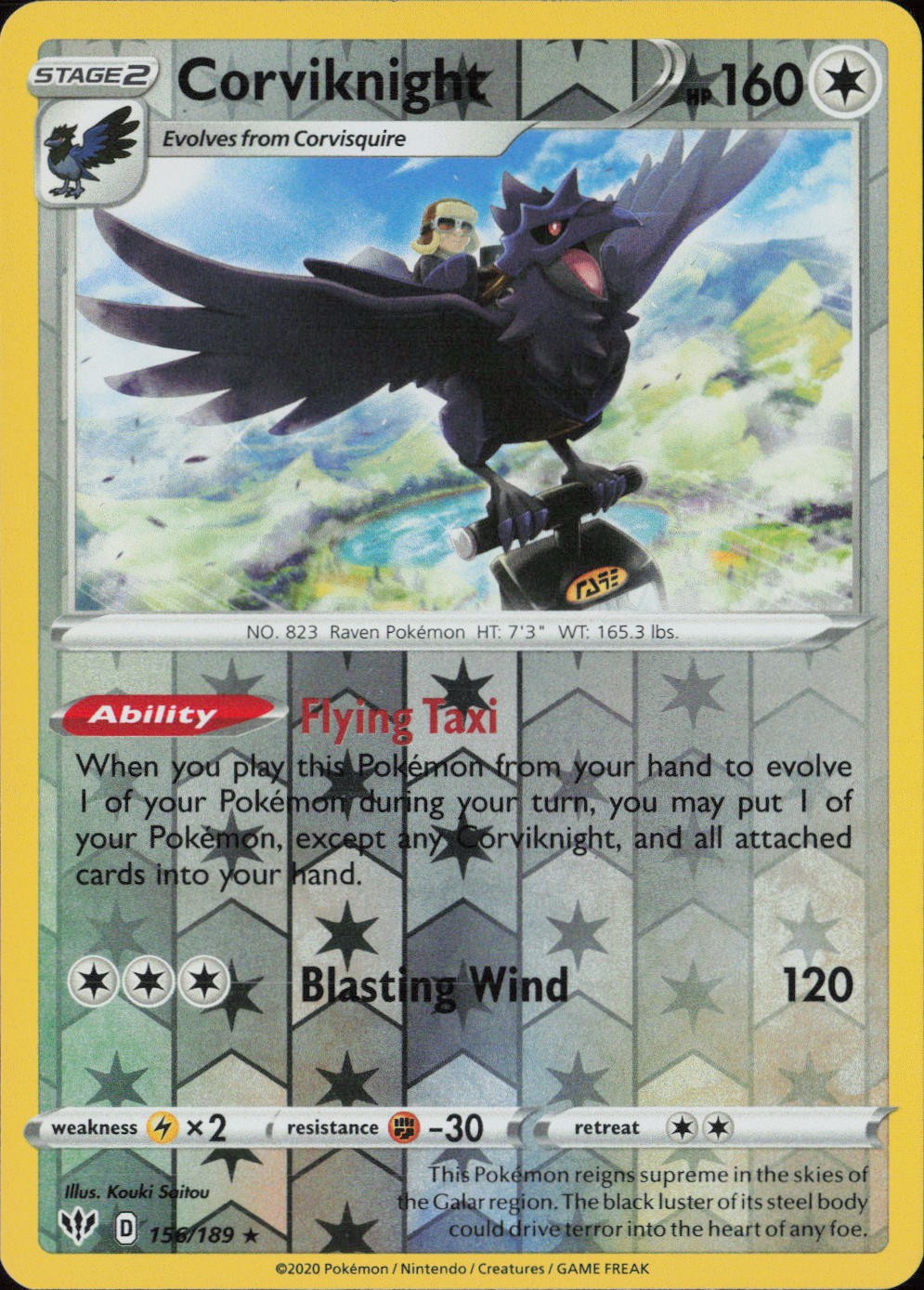 Corviknight Reverse Holo Holo Rare SWSH03: Darkness Ablaze 156/189 NM