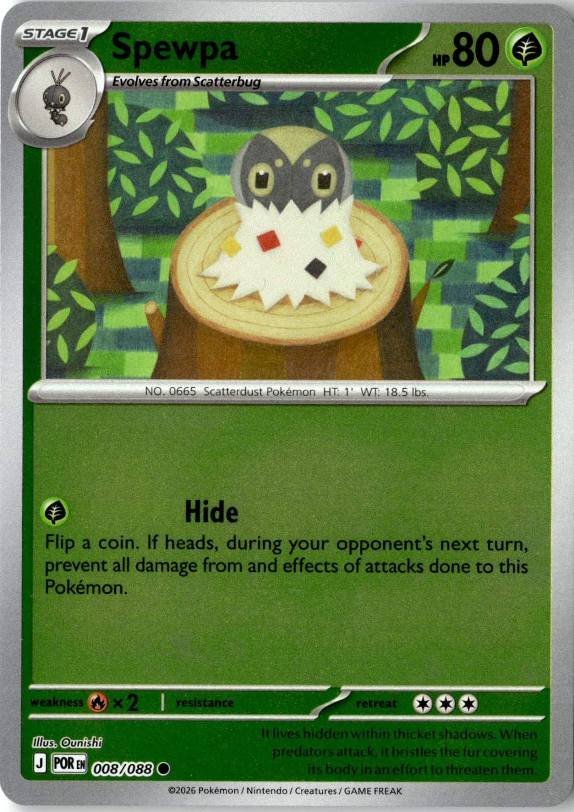 2026 POKEMON SPEWPA 008/088 COMMON PERFECT ORDER REVERSE HOLO NEAR MINT