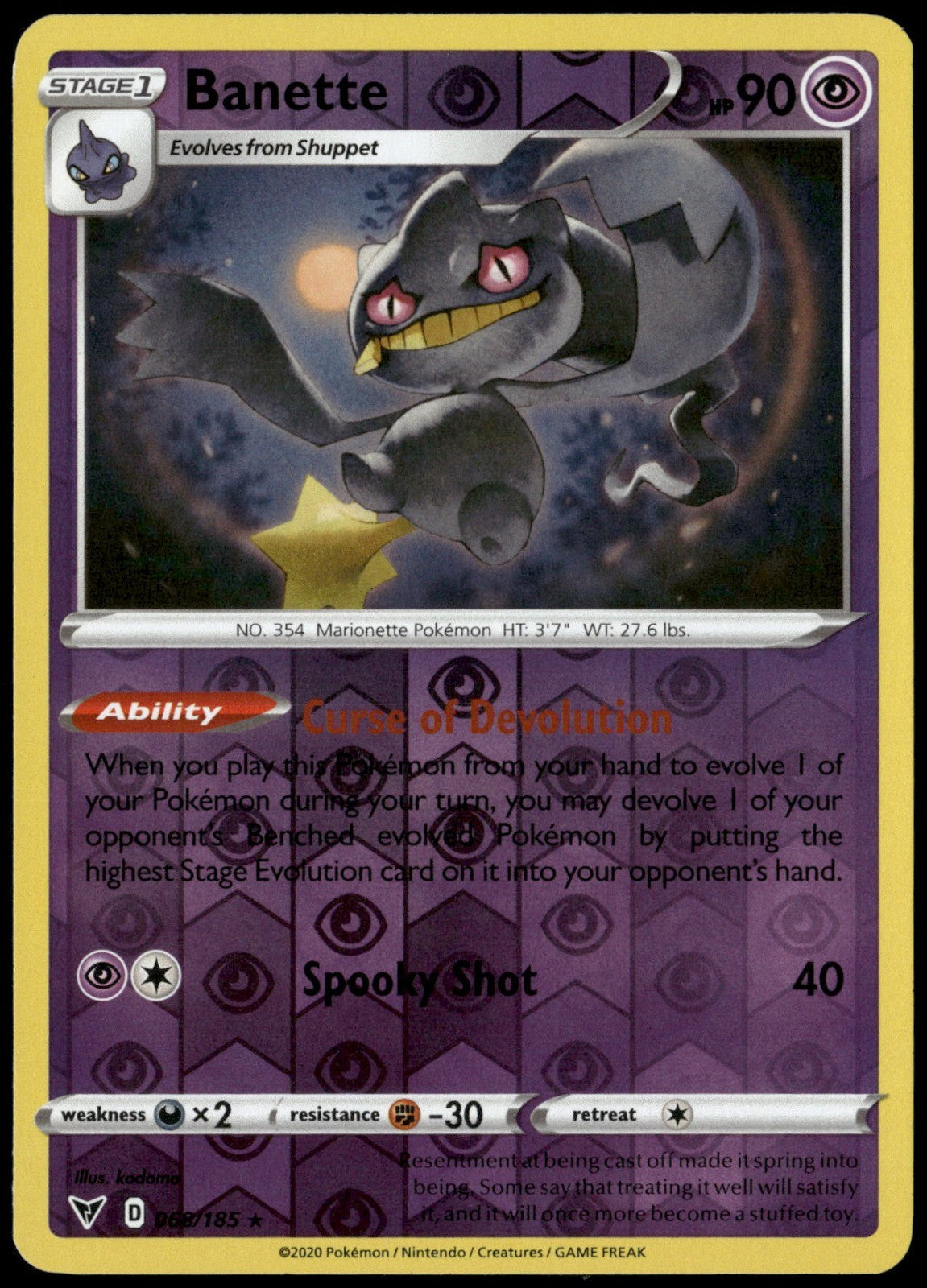 Banette Reverse Holo Rare SWSH04: Vivid Voltage 068/185 NM