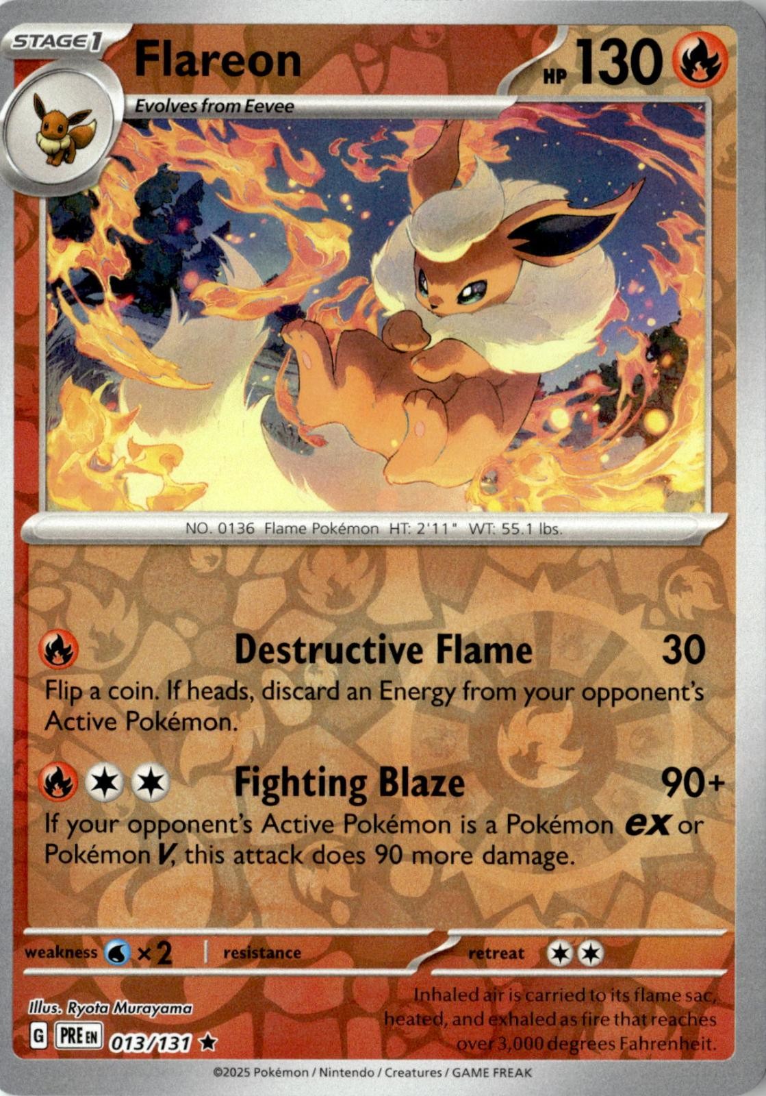2025 POKEMON FLAREON 013/131 RARE PRISMATIC EVOLUTIONS REVERSE HOLO NEAR MINT