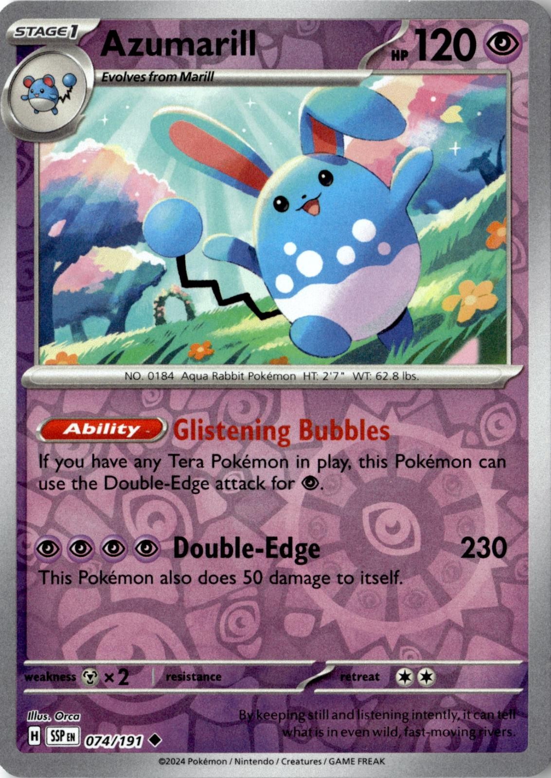 2024 POKEMON AZUMARILL 074/191 UNCOMMON SURGING SPARKS REVERSE HOLO NEAR MINT