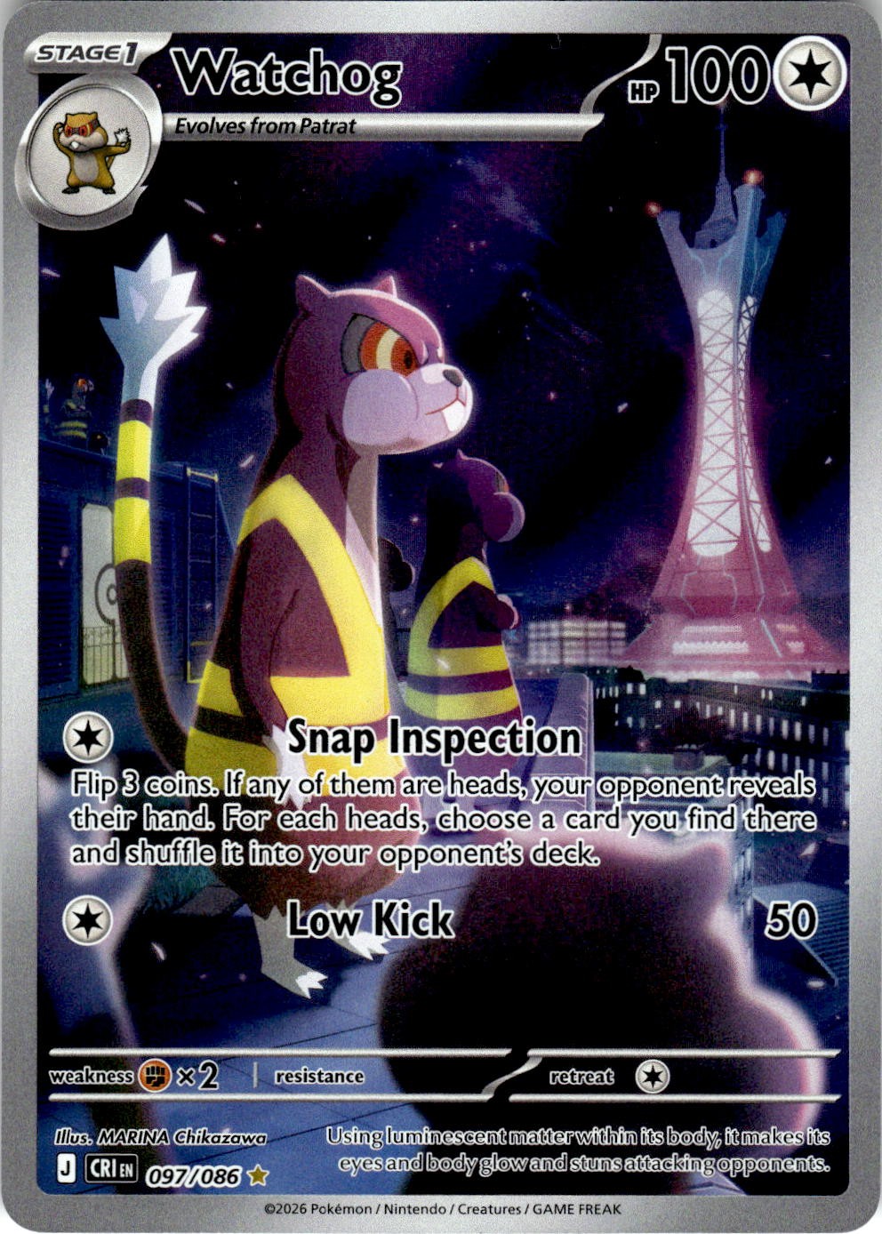 2026 POKEMON WATCHOG 097/086 HOLO ILLUSTRATION RARE CHAOS RISING NEAR MINT