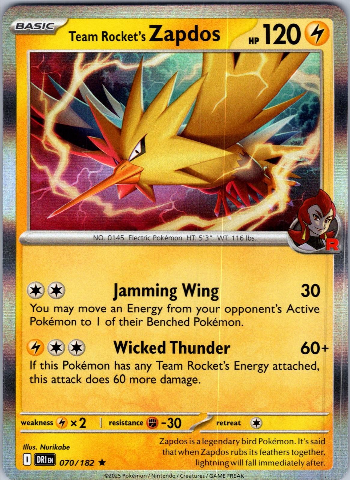 Team Rocket's Zapdos 070/182 Rare Destined Rivals Pokemon Holo Lightly Played