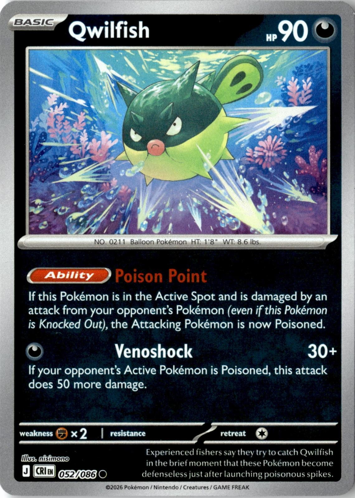2026 POKEMON QWILFISH 052/086 COMMON CHAOS RISING REVERSE HOLO NEAR MINT