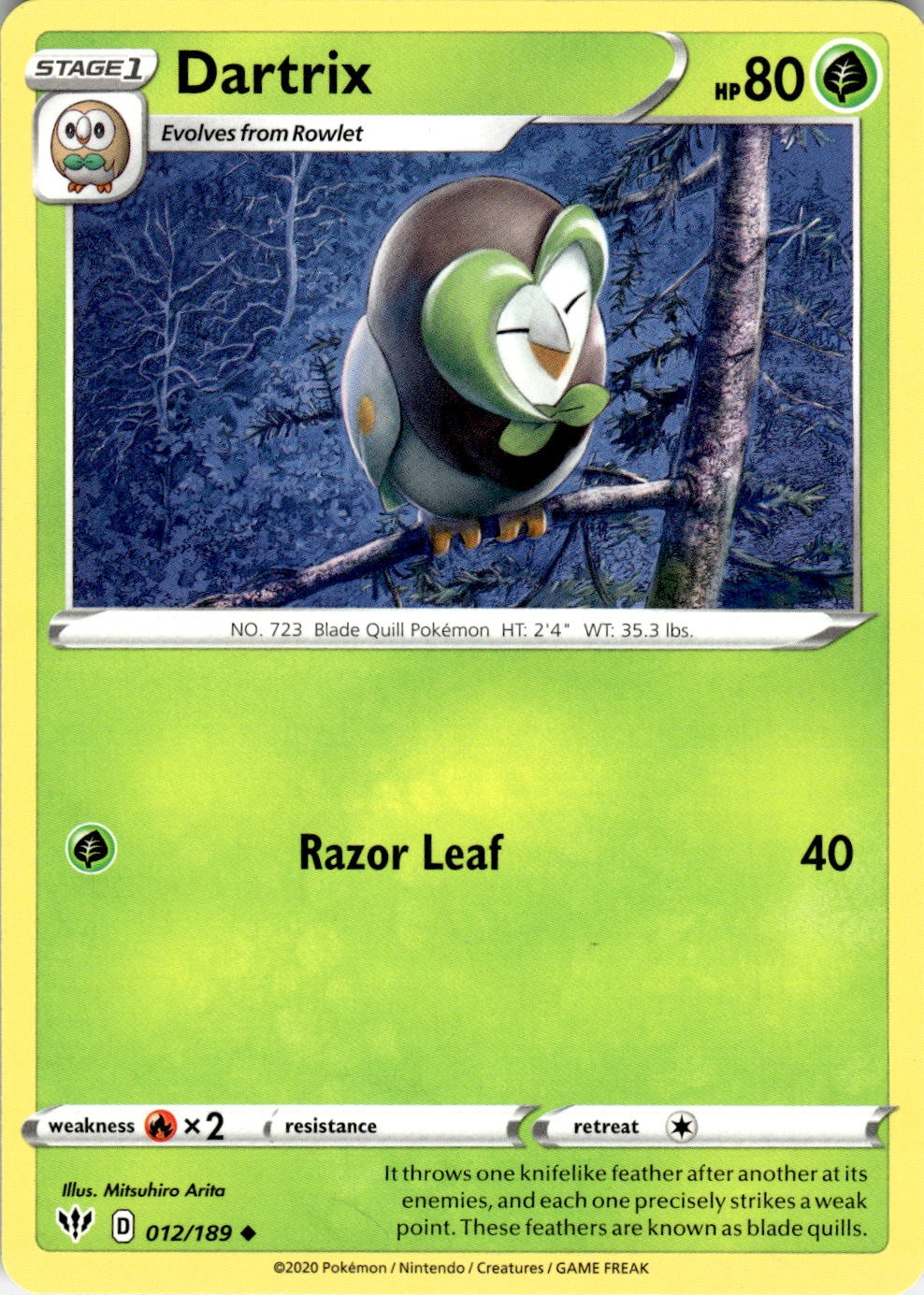 Dartrix 012/189 Uncommon Darkness Ablaze Pokemon Near Mint
