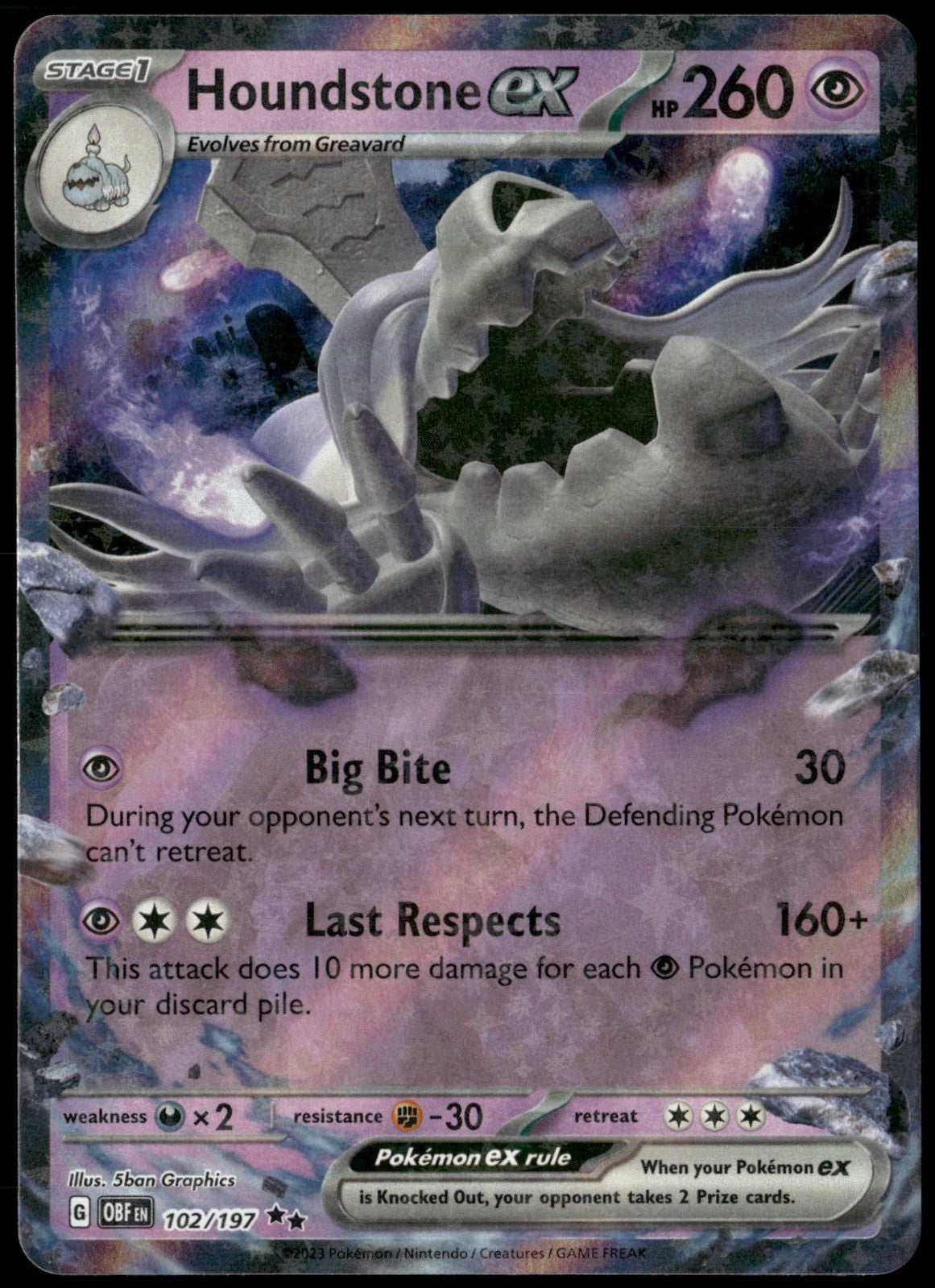 Houndstone ex Holo Double Rare SV03: Obsidian Flames 102/197 NM