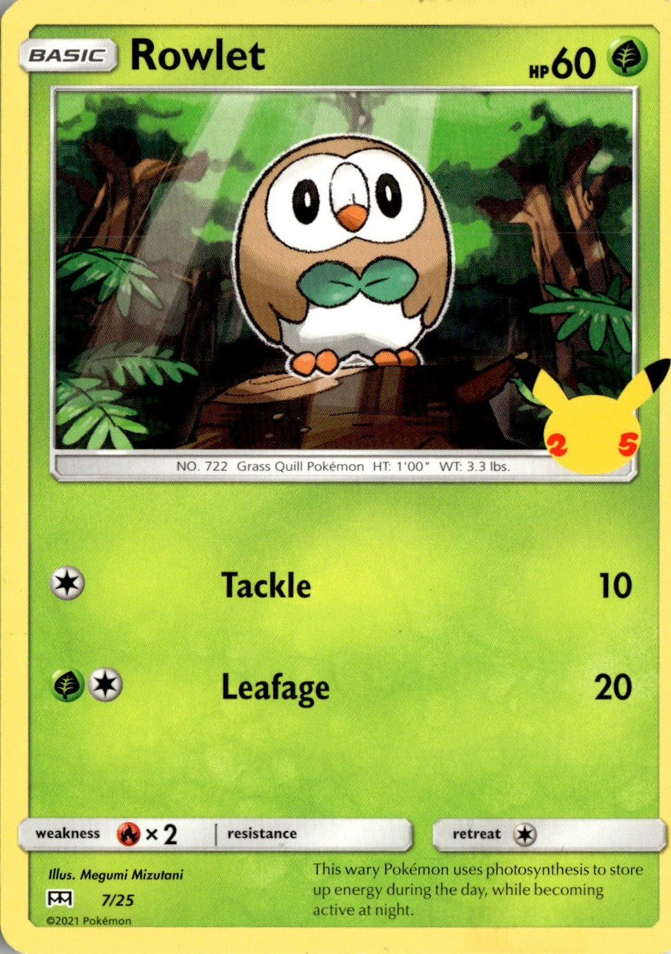 2021 POKEMON ROWLET 007/025 PROMO MCDONALD'S 25TH ANNIVERSARY PROMOS NEAR MINT