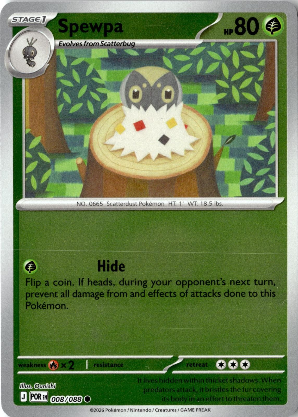 2026 POKEMON SPEWPA 008/088 COMMON PERFECT ORDER REVERSE HOLO NEAR MINT
