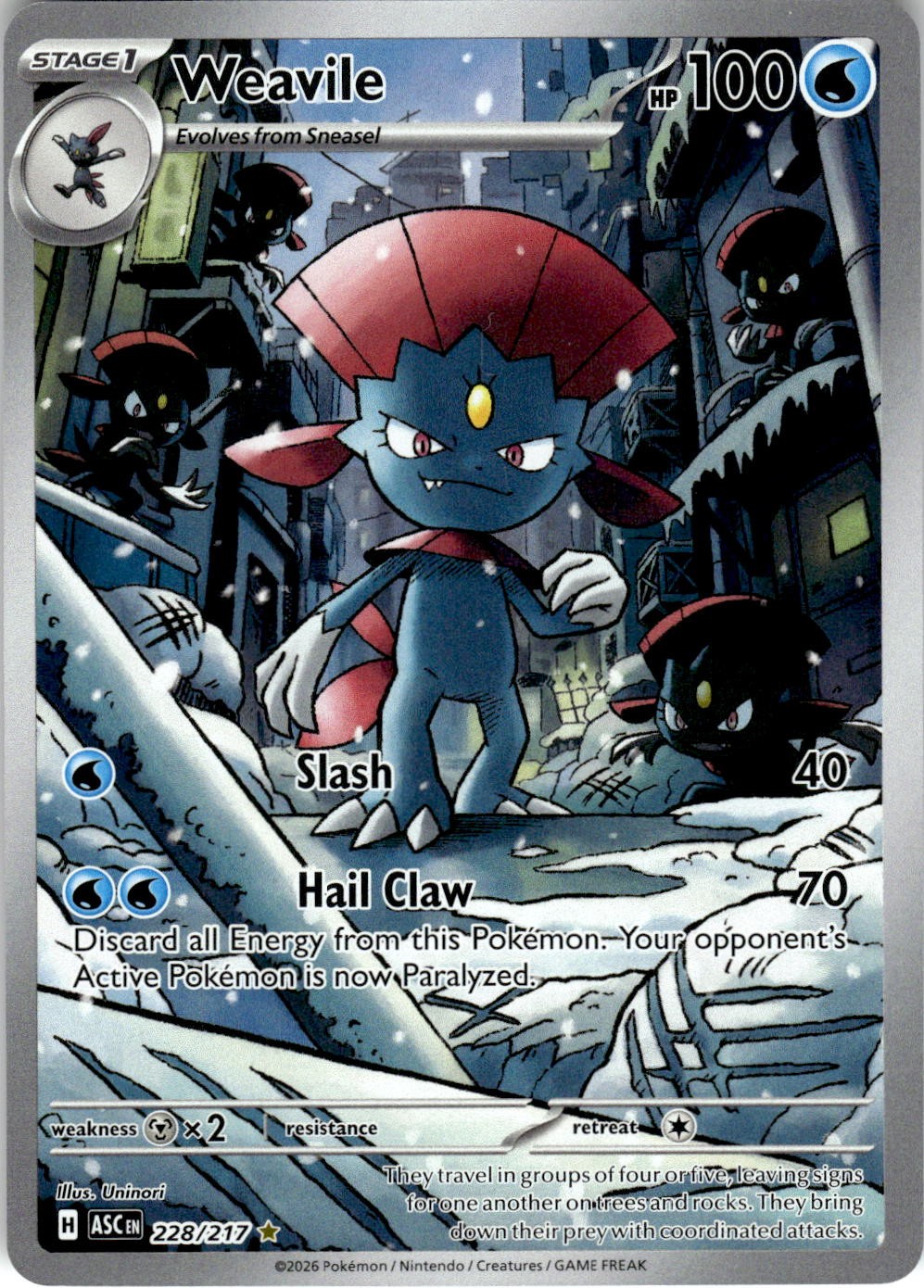 2026 POKEMON WEAVILE 228/217 ILLUSTRATION RARE ASCENDED HEROES HOLO NEAR MINT