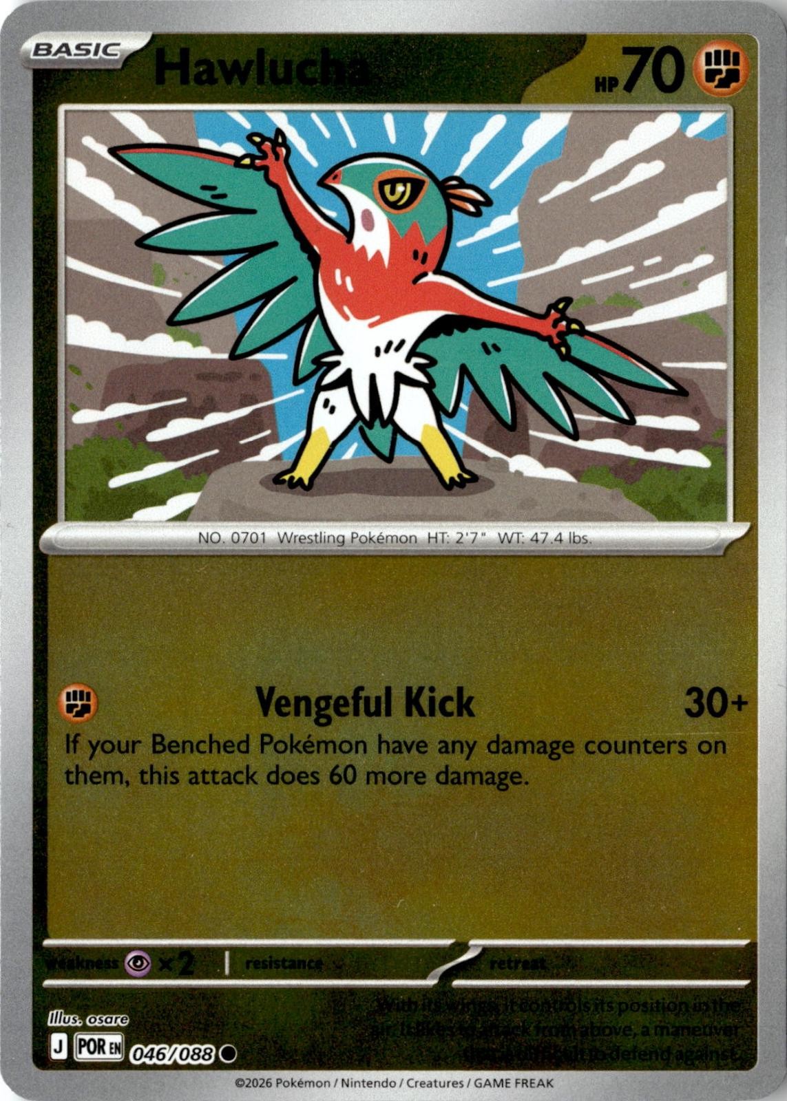 2026 POKEMON HAWLUCHA 046/088 COMMON PERFECT ORDER REVERSE HOLO NEAR MINT