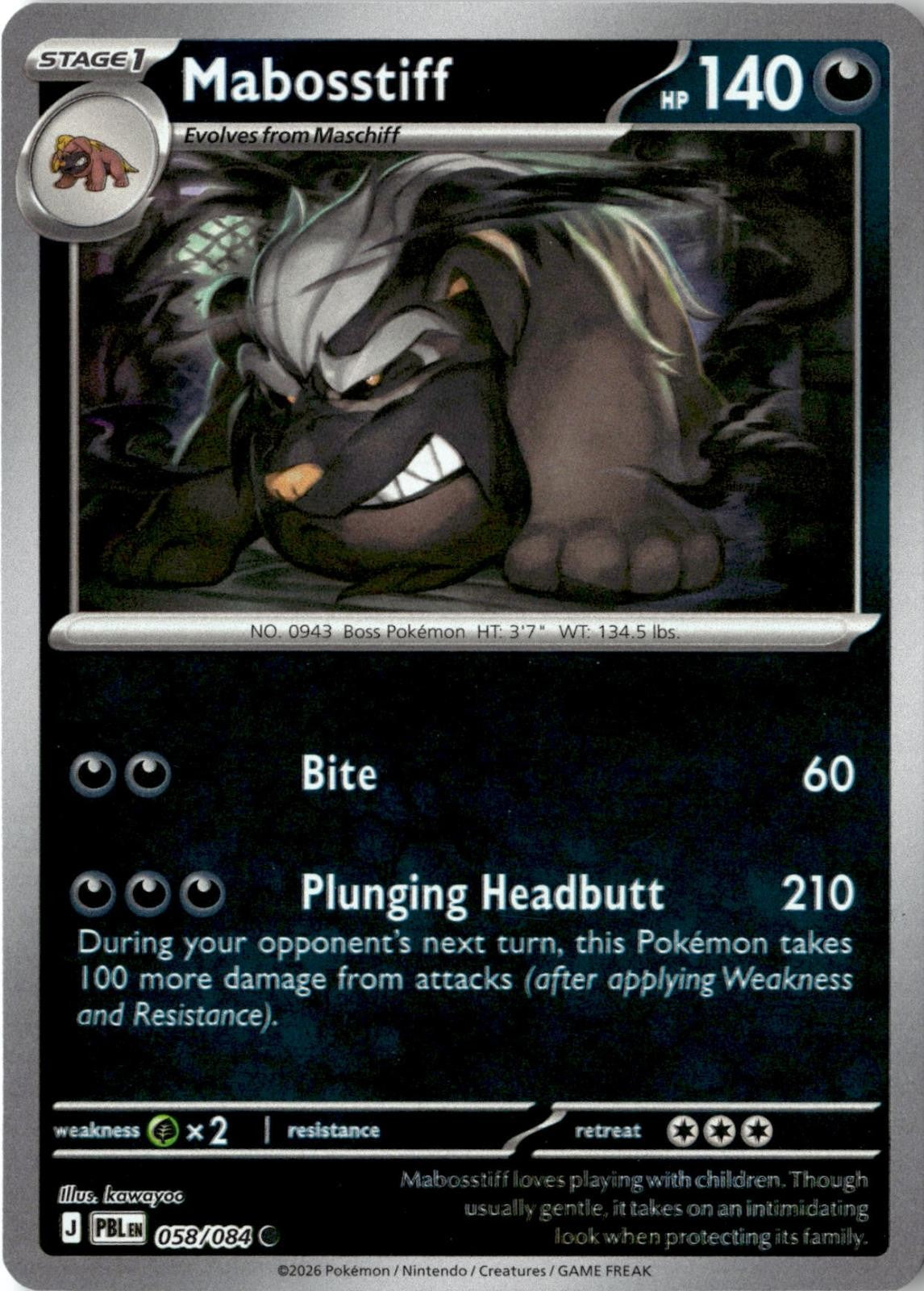 2026 POKEMON MABOSSTIFF 058/084 COMMON PITCH BLACK REVERSE HOLO NEAR MINT