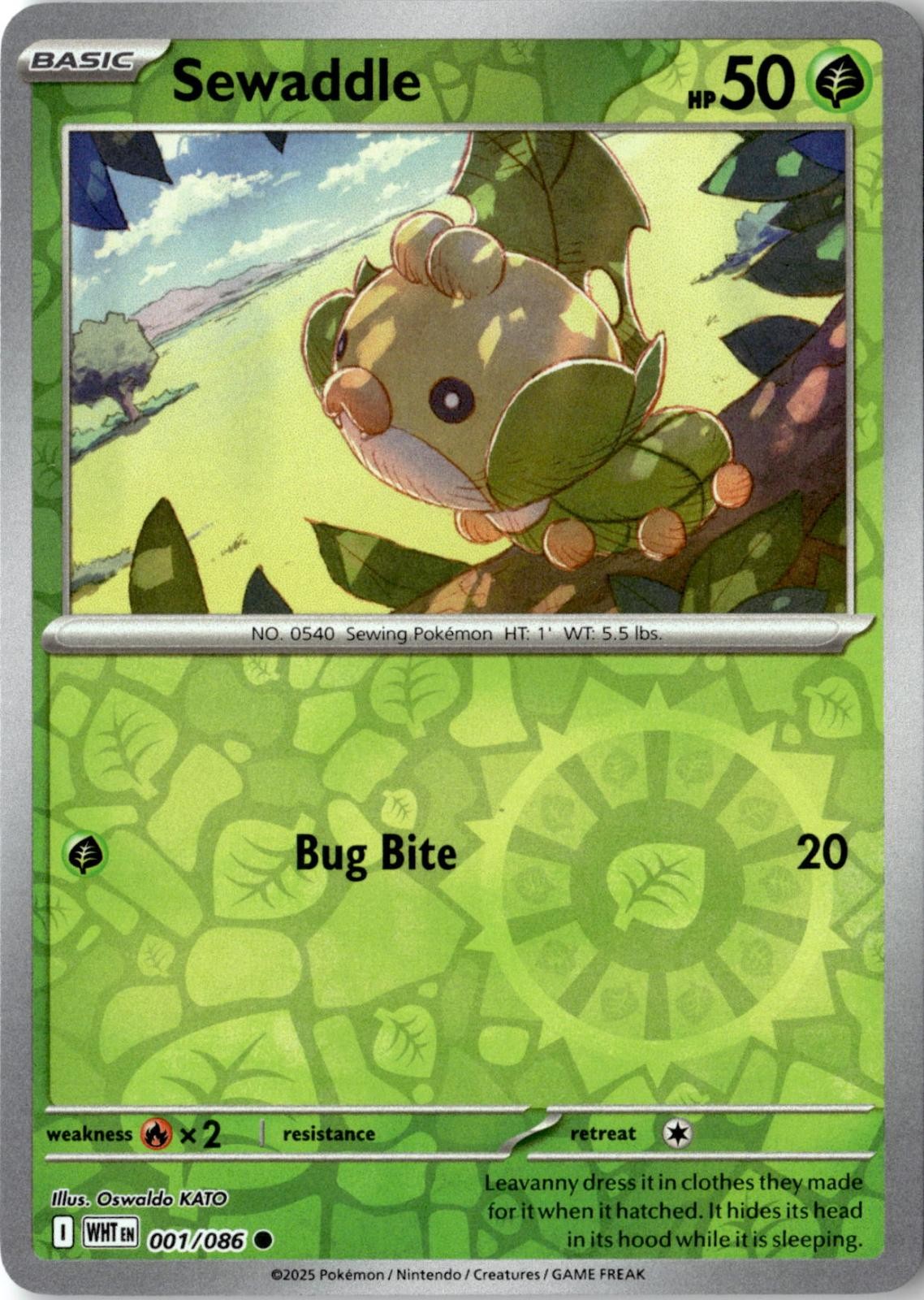 2025 POKEMON SEWADDLE 001/086 COMMON WHITE FLARE REVERSE HOLO NEAR MINT