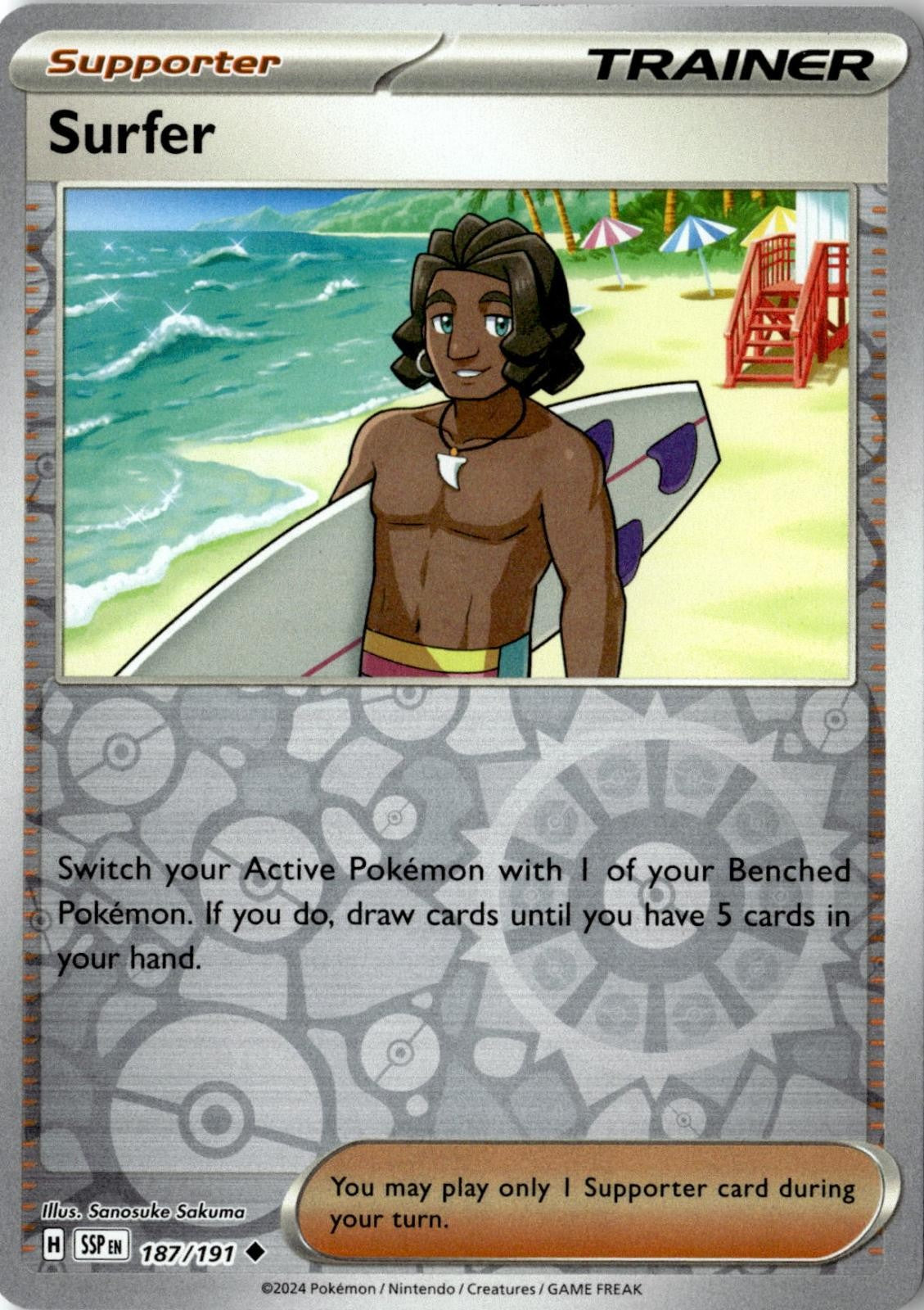 2024 POKEMON SURFER 187/191 UNCOMMON SURGING SPARKS REVERSE HOLO NEAR MINT