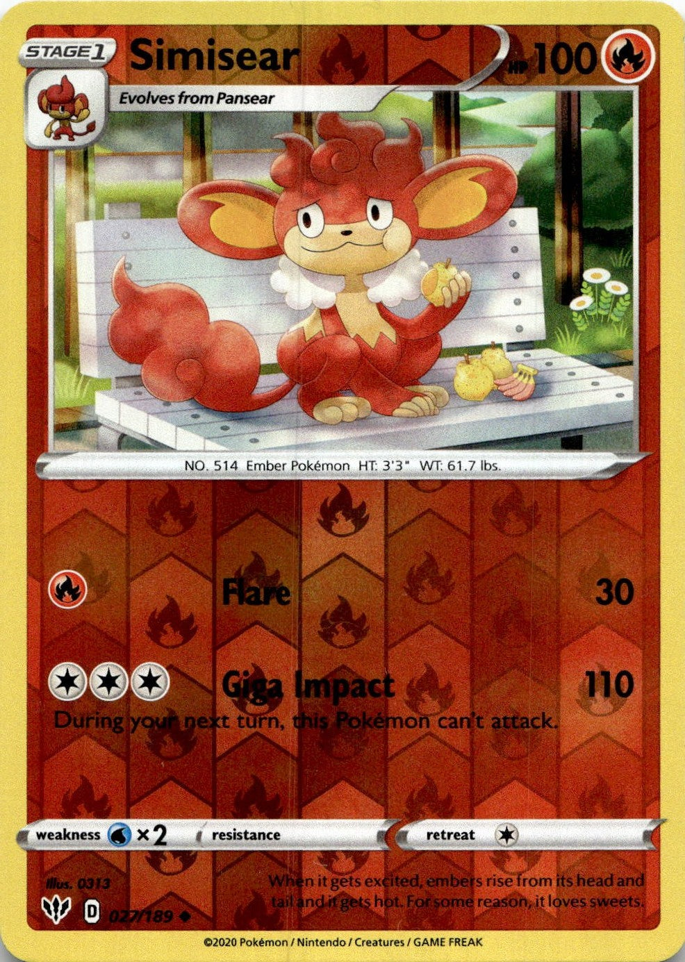 Simisear 027/189 Uncommon Darkness Ablaze Pokemon Reverse Holo Lightly Played