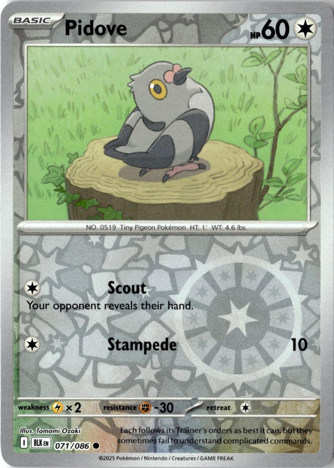 2025 POKEMON PIDOVE 071/086 COMMON BLACK BOLT REVERSE HOLO NEAR MINT