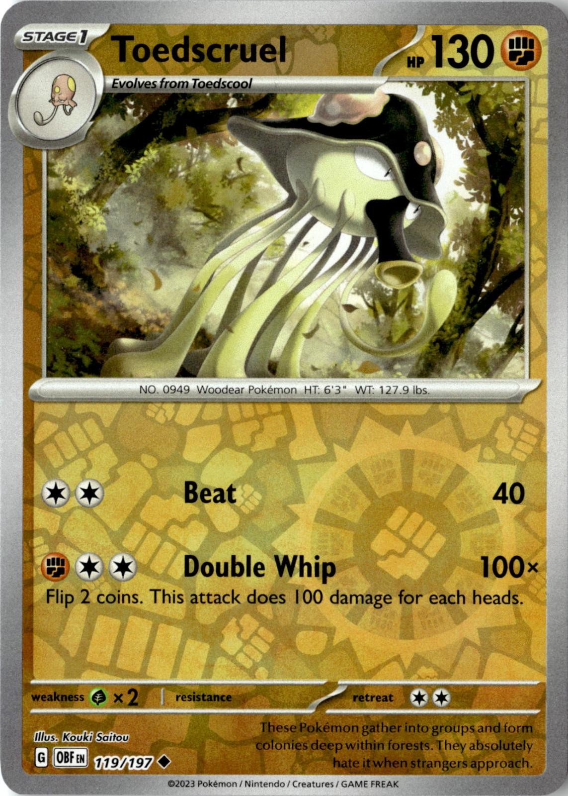 2023 POKEMON TOEDSCRUEL 119/197 UNCOMMON OBSIDIAN FLAMES REVERSE HOLO NEAR MINT