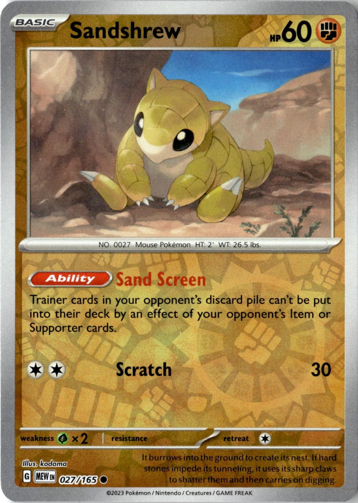 2023 POKEMON SANDSHREW 027/165 COMMON 151 REVERSE HOLO NEAR MINT