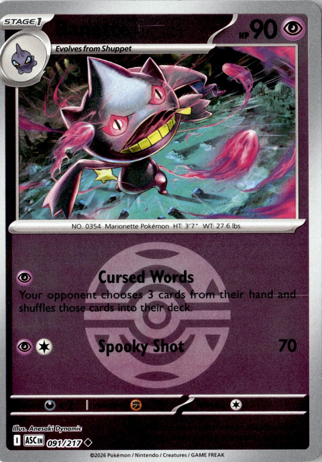 POKEMON BANETTE (DUSK BALL) 091/217 UNCOMMON ASCENDED HEROES REVERSE HOLO NM