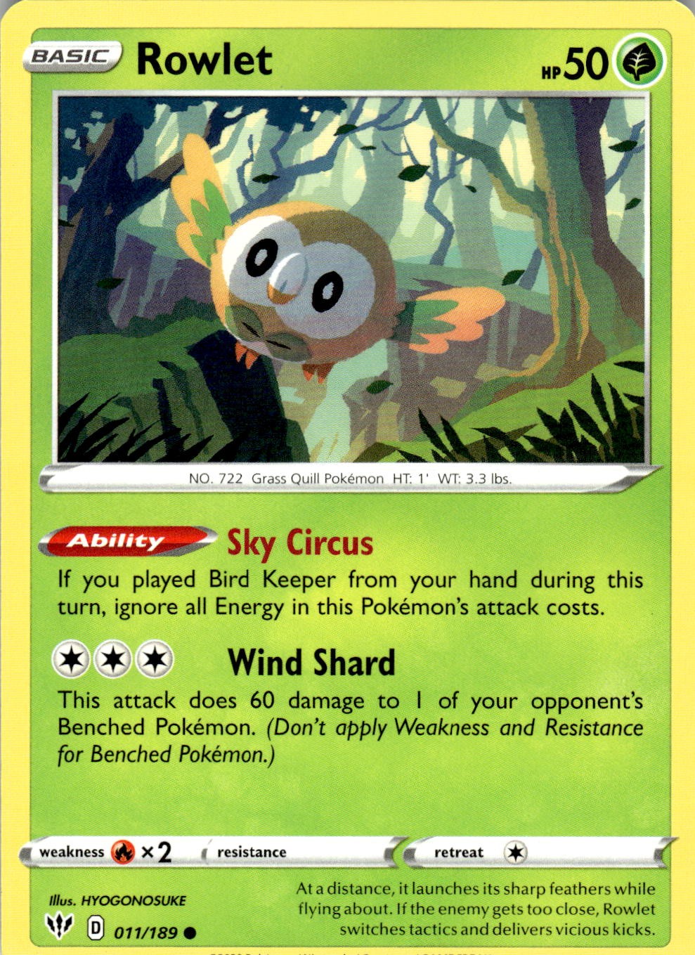 Rowlet 011/189 Common Darkness Ablaze Pokemon Near Mint
