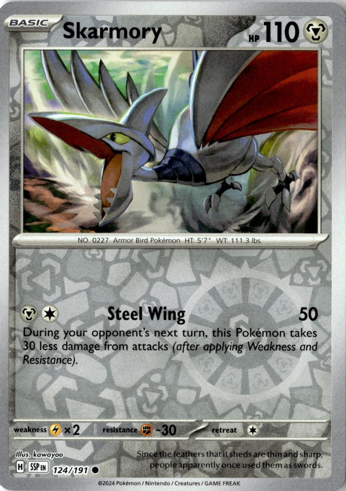 2024 POKEMON SKARMORY 124/191 COMMON SURGING SPARKS REVERSE HOLO NEAR MINT