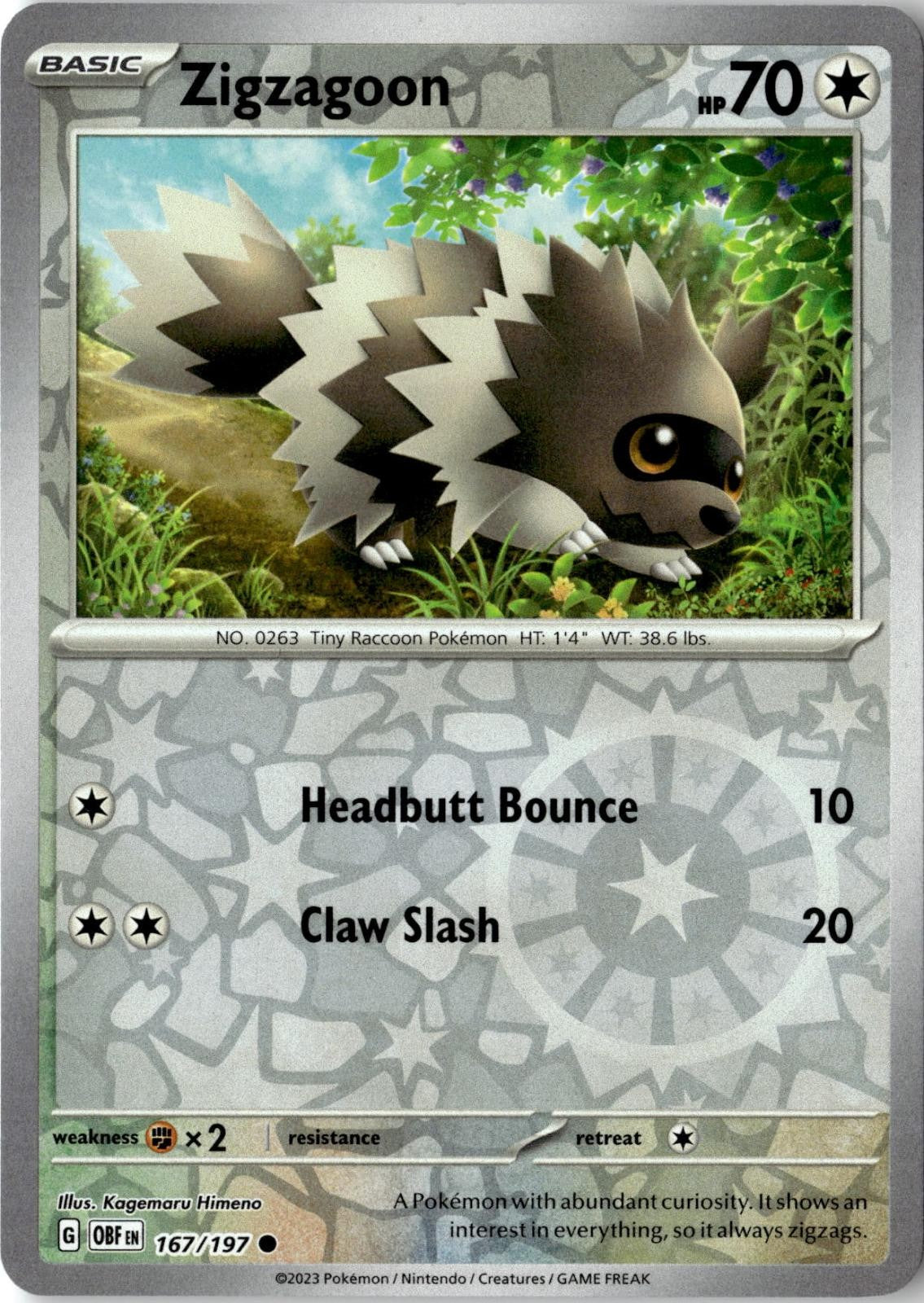 2023 POKEMON ZIGZAGOON 167/197 COMMON OBSIDIAN FLAMES REVERSE HOLO NEAR MINT