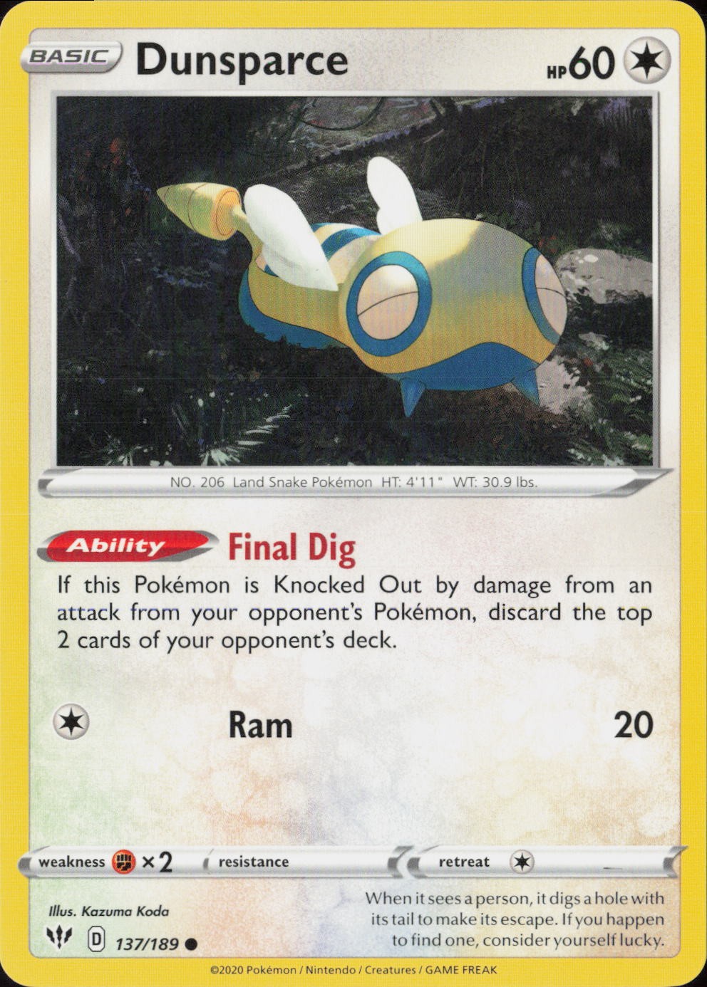 Dunsparce Common SWSH03: Darkness Ablaze 137/189 NM