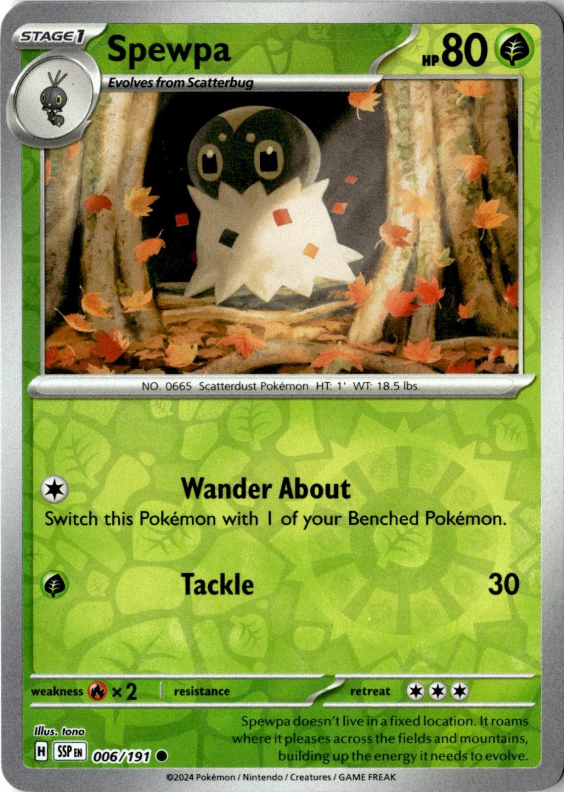 2024 POKEMON SPEWPA 006/191 COMMON SURGING SPARKS REVERSE HOLO NEAR MINT