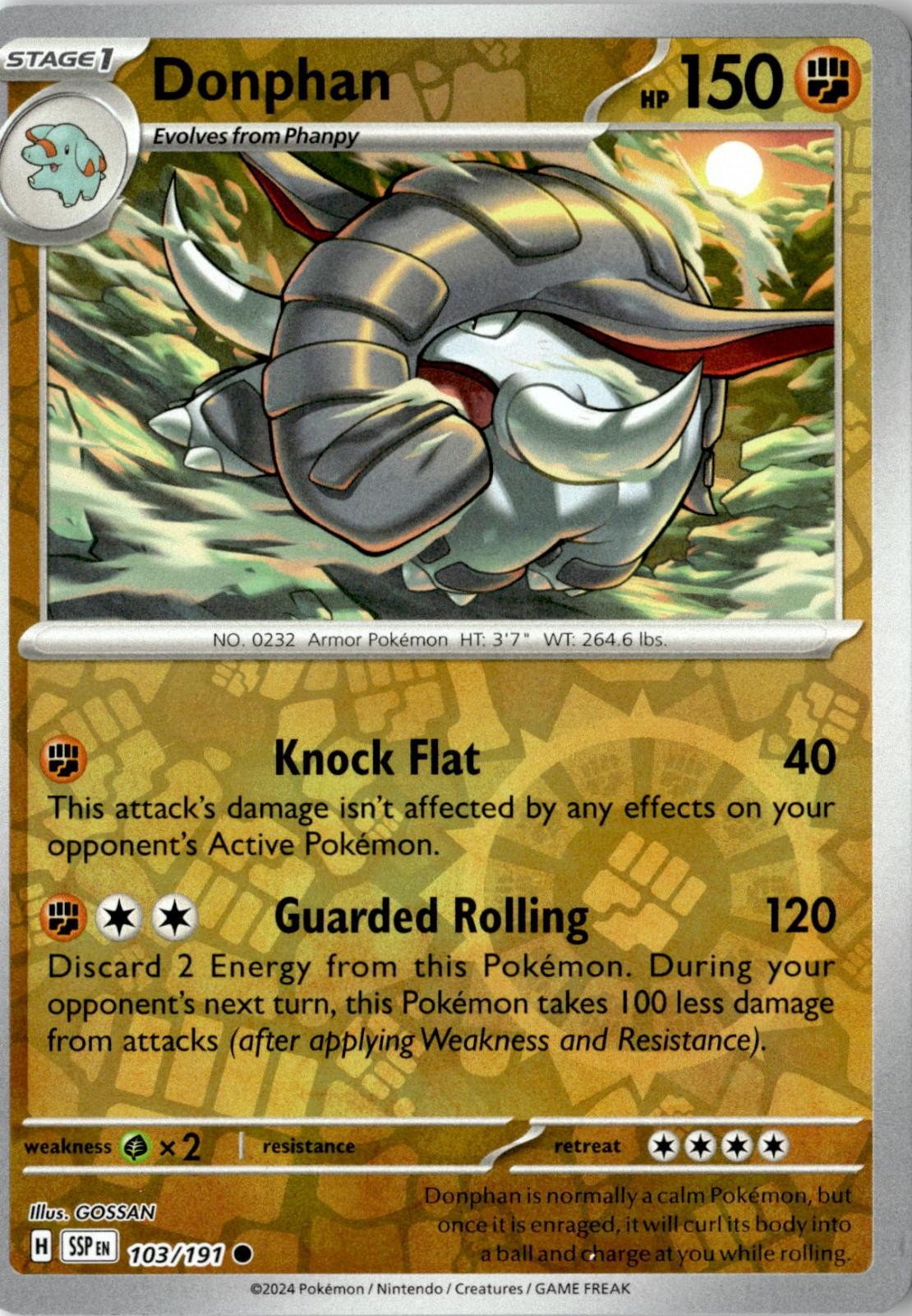2024 POKEMON DONPHAN 103/191 COMMON SURGING SPARKS REVERSE HOLO NEAR MINT