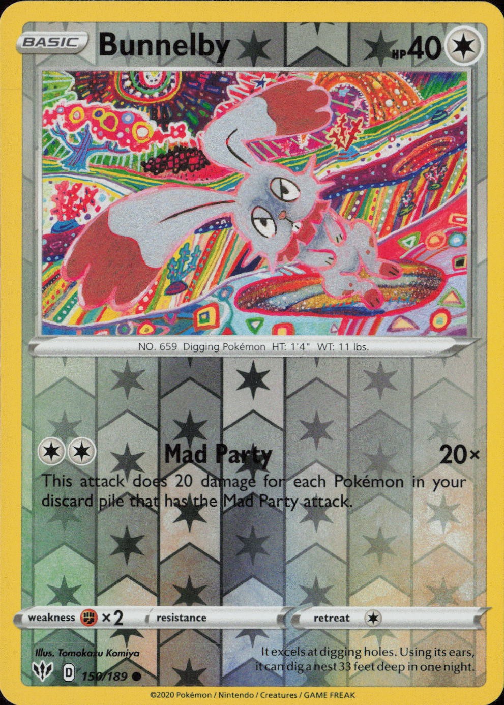 Bunnelby Reverse Holo Common SWSH03: Darkness Ablaze 150/189 NM