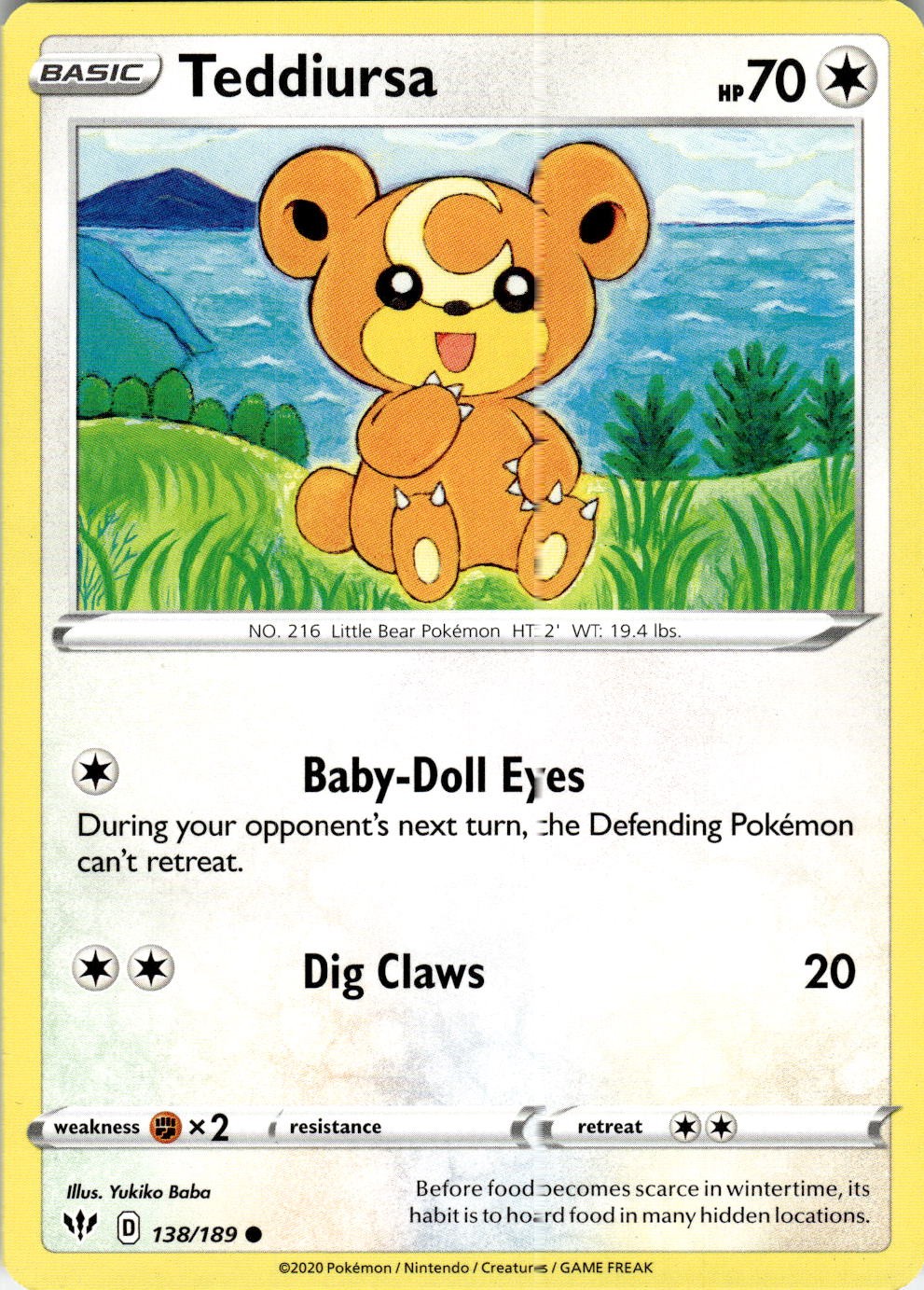2020 POKEMON TEDDIURSA 138/189 COMMON DARKNESS ABLAZE NEAR MINT
