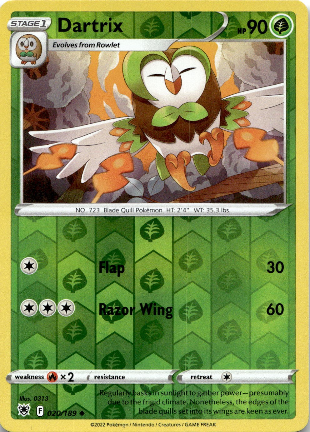Dartrix 020/189 Uncommon Astral Radiance Pokemon Reverse Holo Near Mint