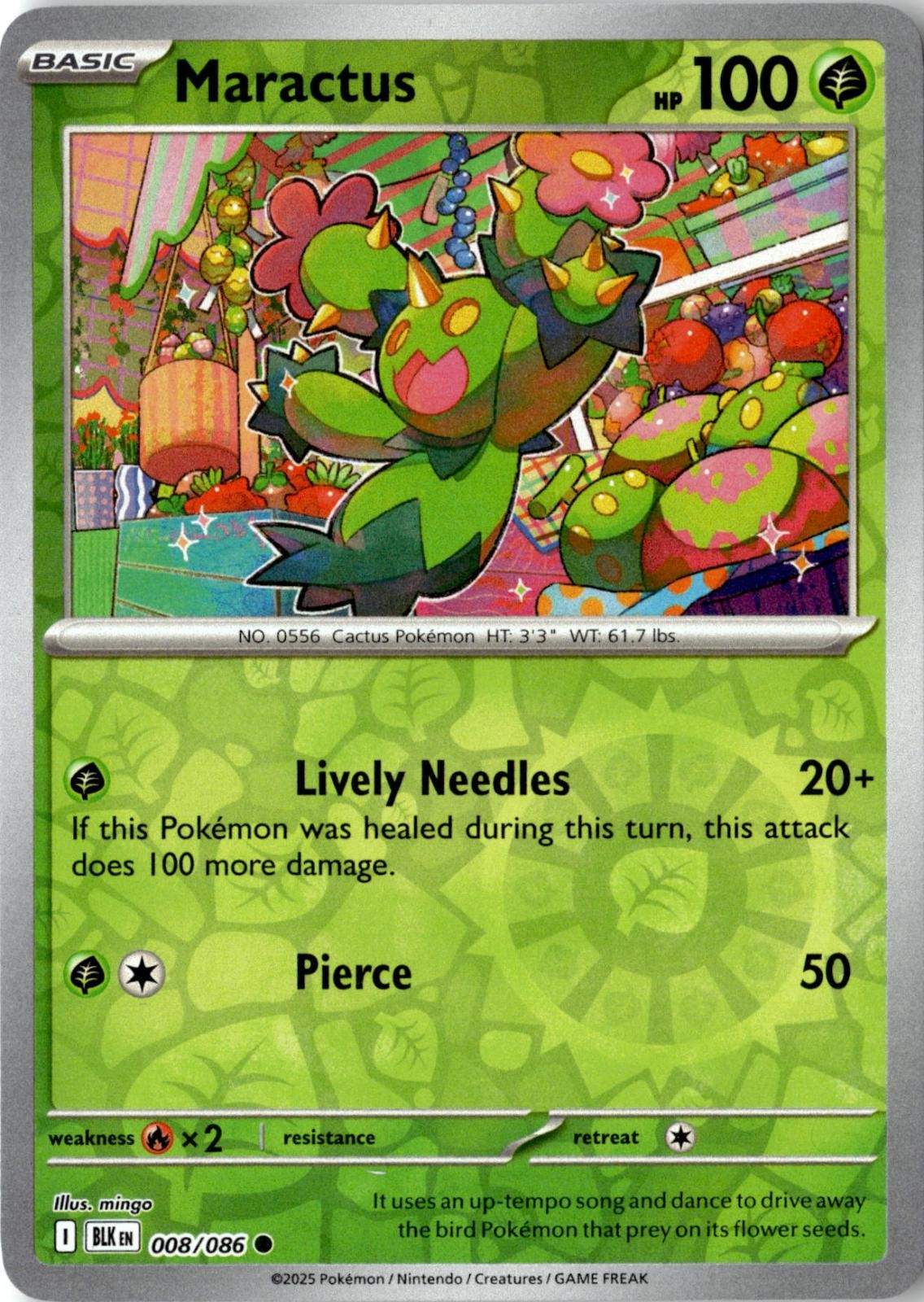2025 POKEMON MARACTUS 008/086 COMMON BLACK BOLT REVERSE HOLO NEAR MINT