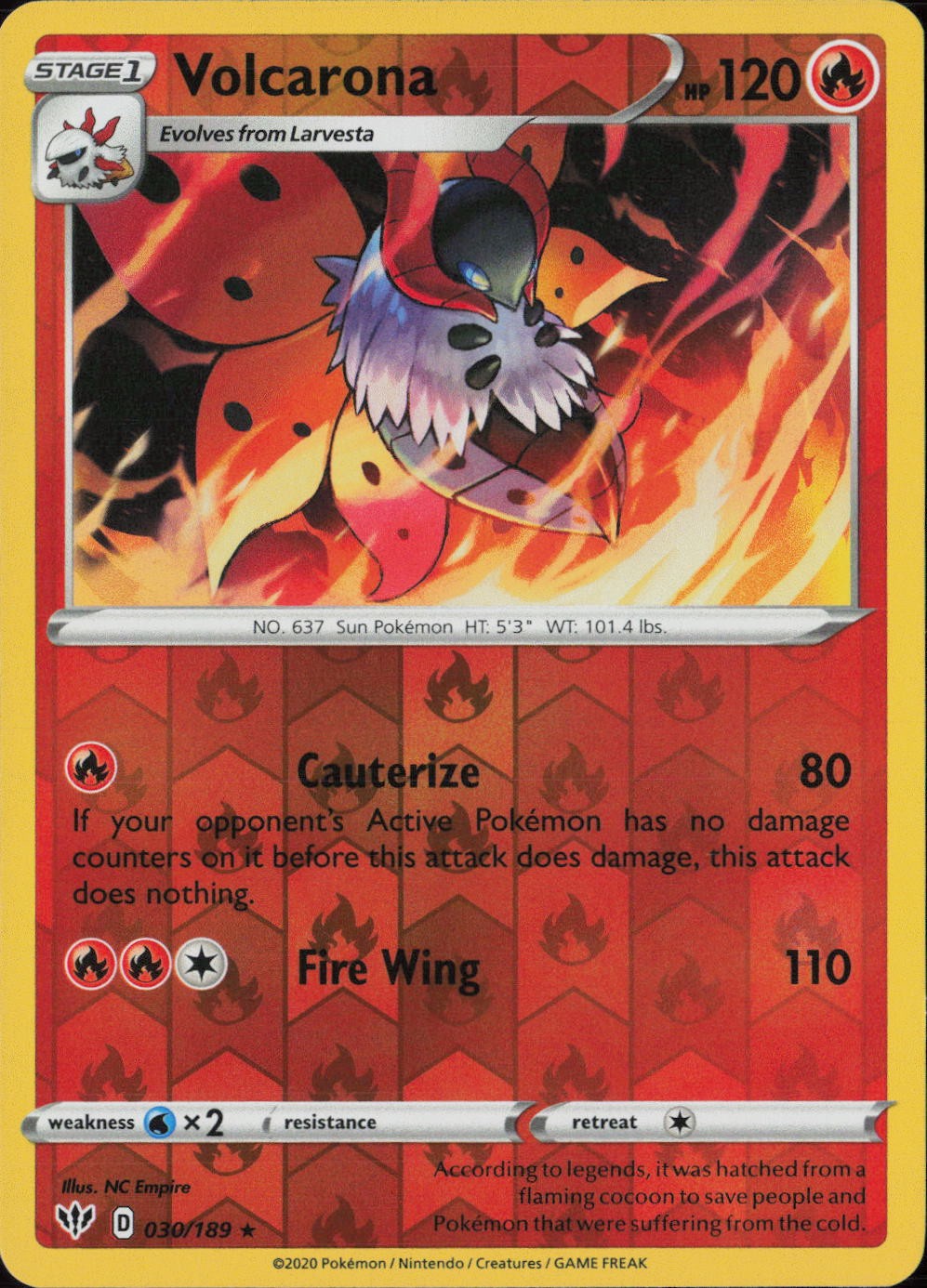 Volcarona Reverse Holo Rare SWSH03: Darkness Ablaze 030/189 NM