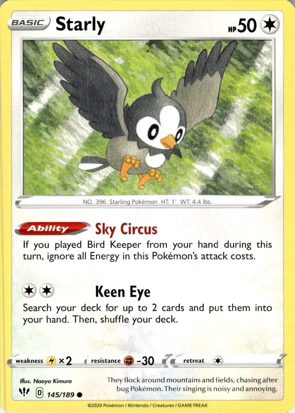 2020 POKEMON STARLY 145/189 COMMON DARKNESS ABLAZE NEAR MINT