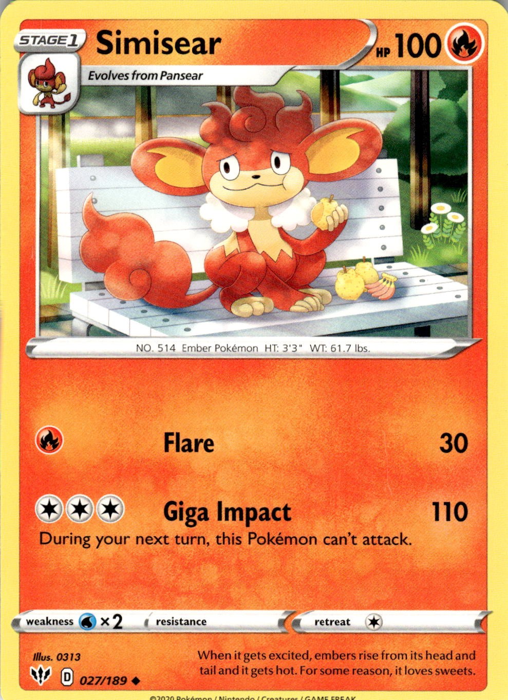 Simisear 027/189 Uncommon Darkness Ablaze Pokemon Near Mint