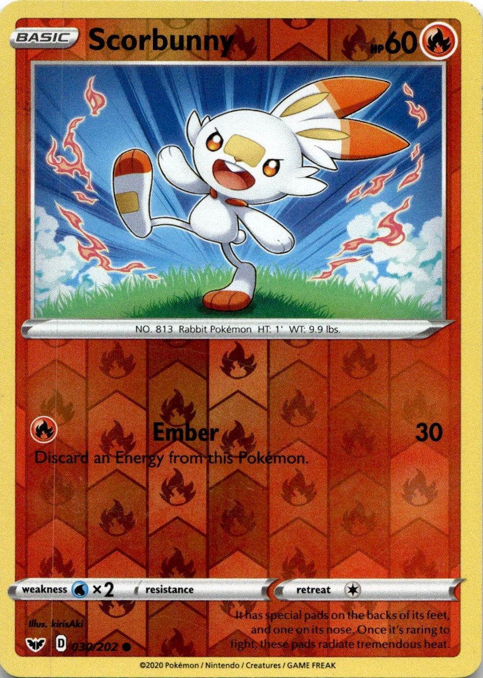 Scorbunny 030/202 Common Sword & Shield Pokemon Reverse Holo Lightly Played