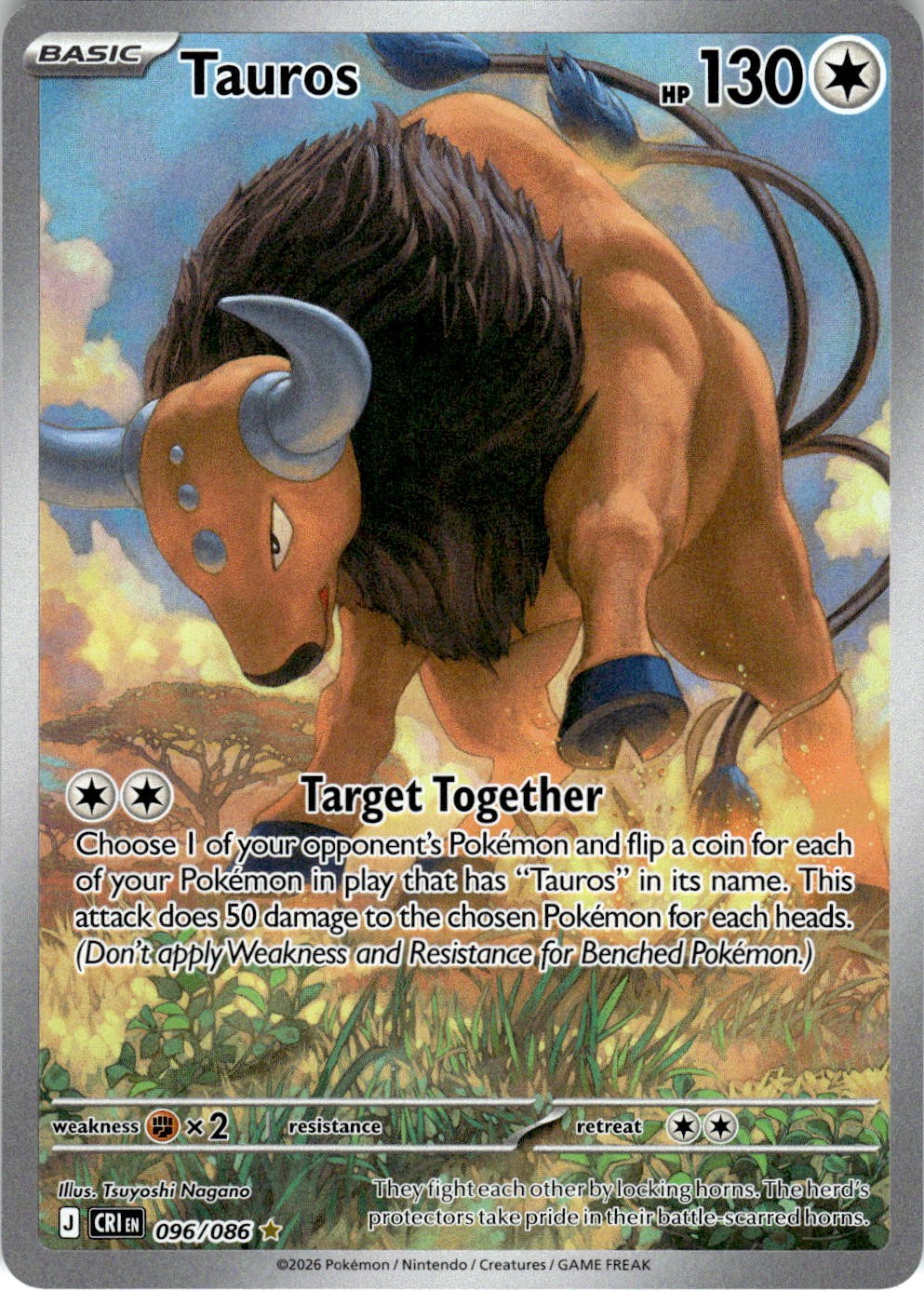 2026 POKEMON TAUROS 096/086 HOLO ILLUSTRATION RARE CHAOS RISING NEAR MINT