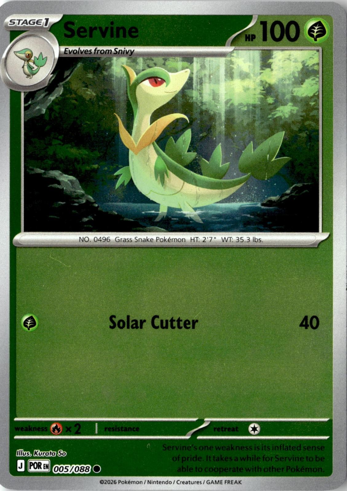 2026 POKEMON SERVINE 005/088 COMMON PERFECT ORDER REVERSE HOLO NEAR MINT