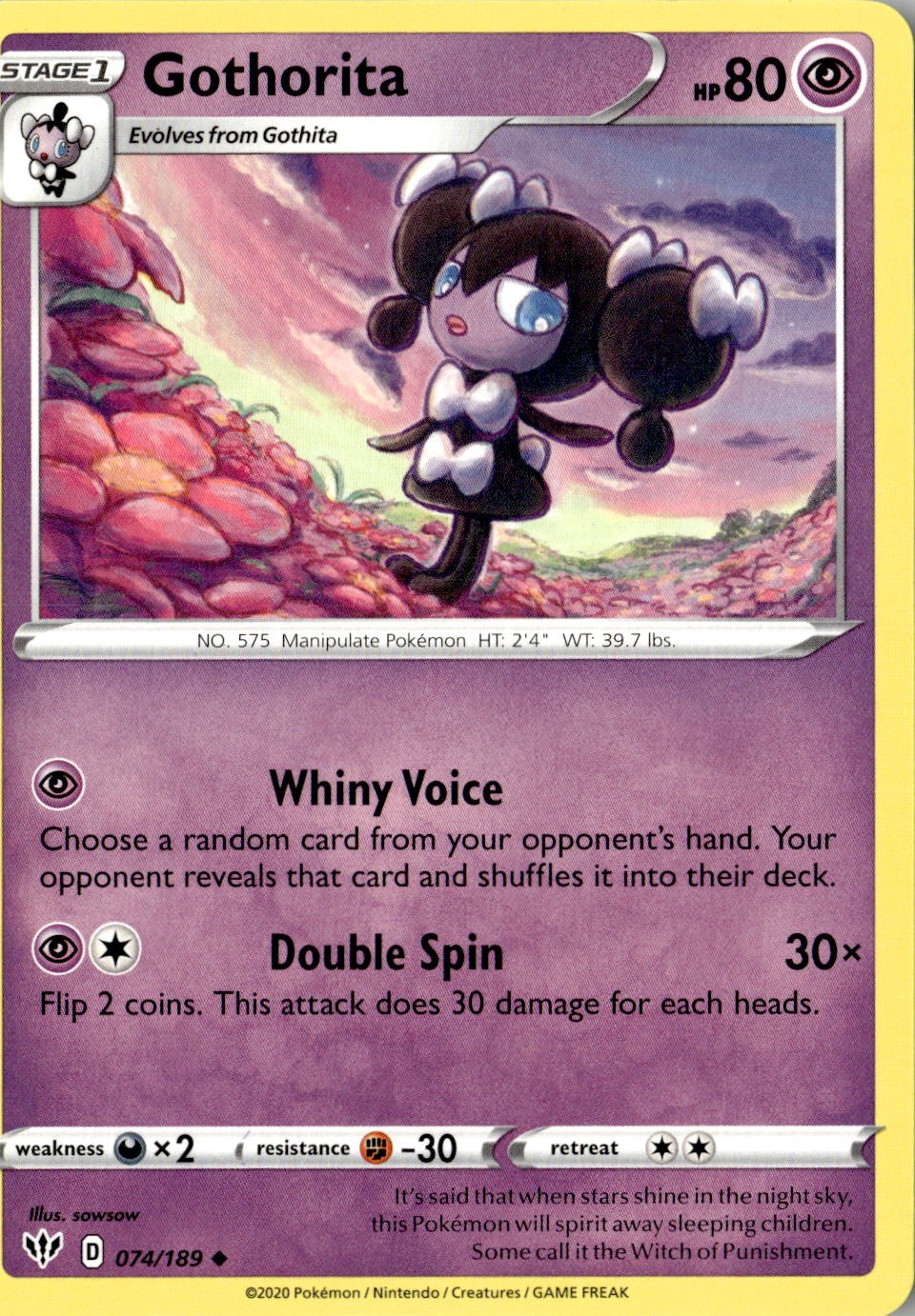 2020 POKEMON GOTHORITA 074/189 UNCOMMON DARKNESS ABLAZE NEAR MINT